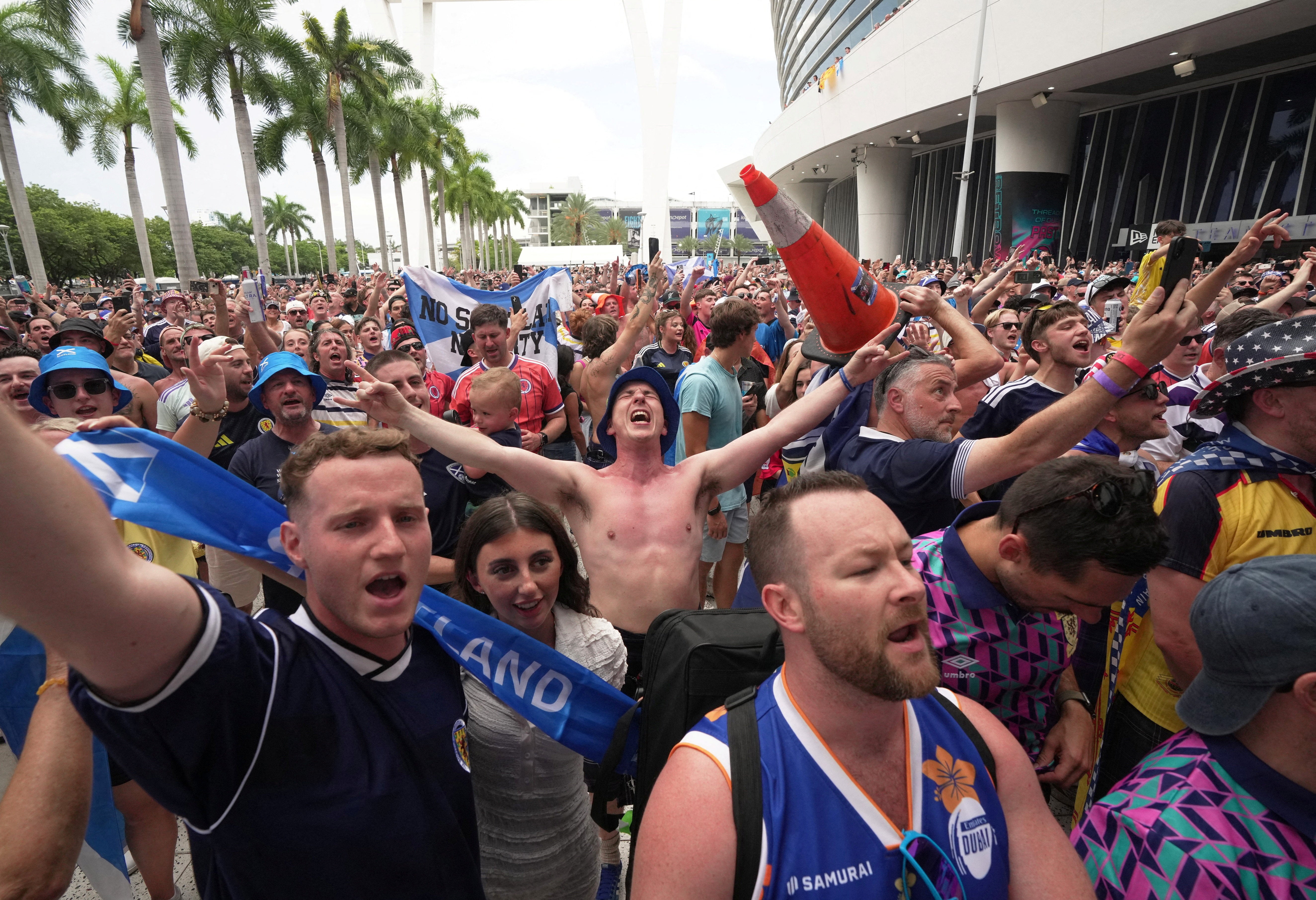 Scotland fans outside LoanDepot Park after marching to the stadium for the Miami Marlins Major League Baseball game.