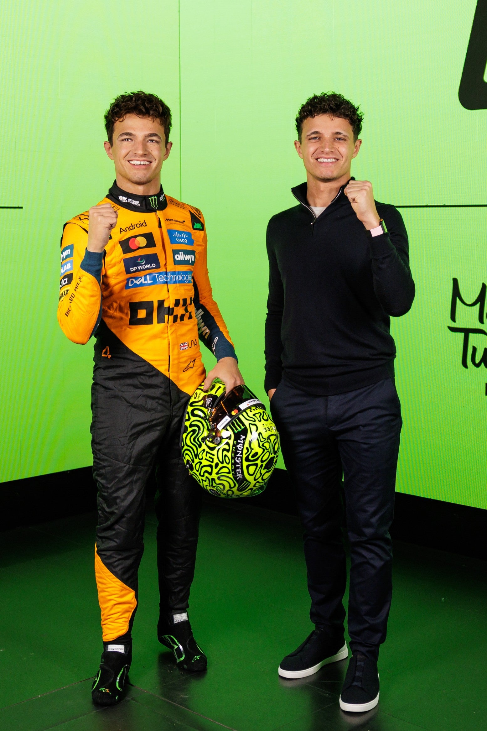 The figure of the driver is kitted out in a McLaren papaya race suit, donated by Norris, as well as a replica of the helmet worn when he clinched the F1 World Drivers' Championship title at the 2025 Abu Dhabi Grand Prix (PA)