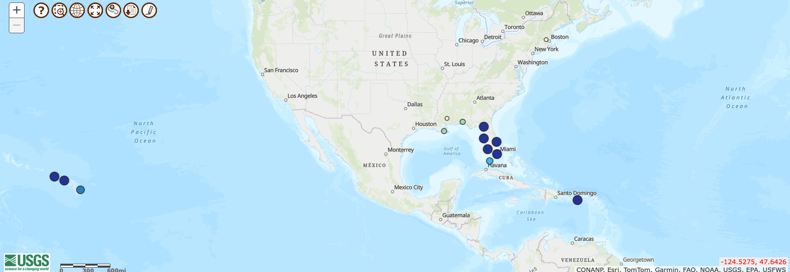 This screenshot of a U.S. Geological Survey map shows where cane toads have been reported in the U.S. (USGS)