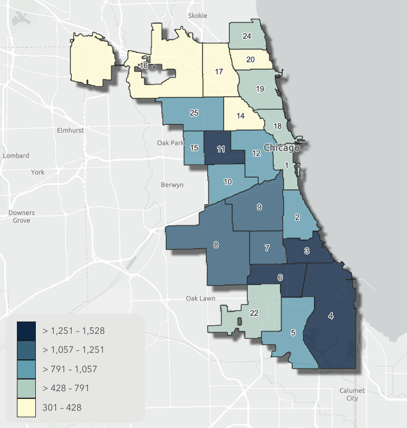 A Chicago Police Department map shows violent  incidents concentrated in the city's South Side (Chicago Police Department)