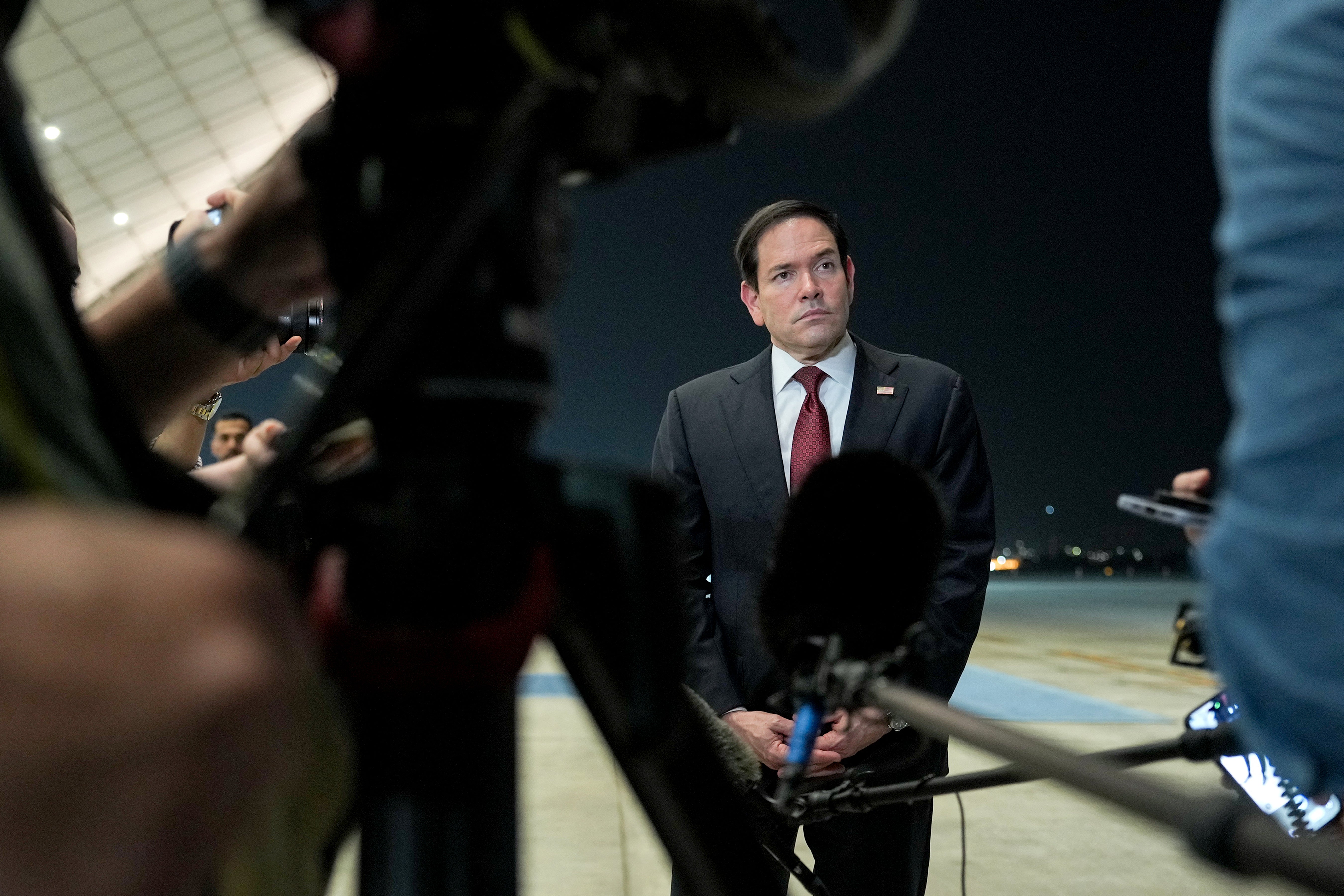 US Secretary of State Marco Rubio speaks to the media upon arrival at Al-Bateen Executive Airport in Abu Dhabi on June 23, 2026 (AFP/Getty)