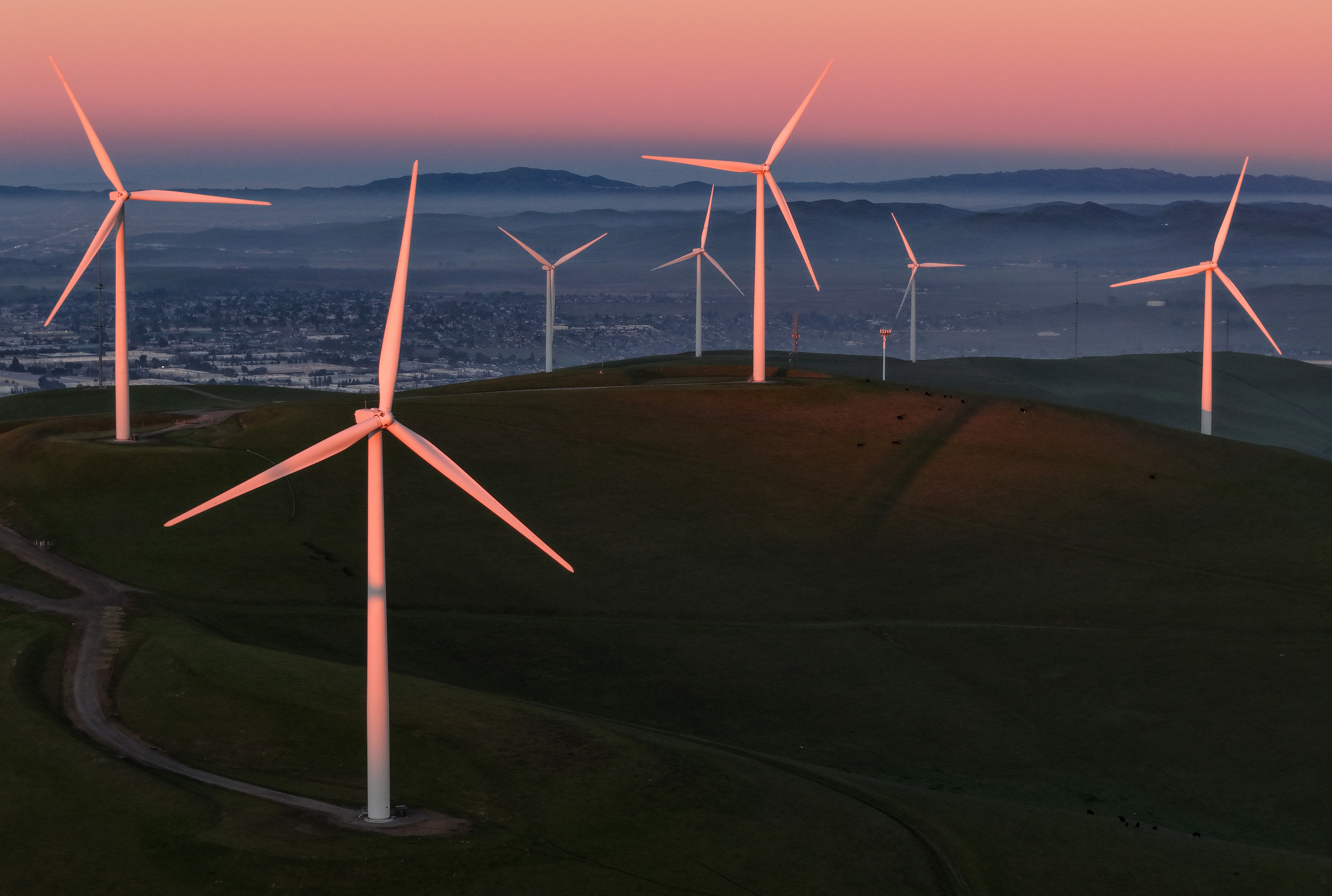 An aerial view of wind turbines at the Altamont Pass wind farm on January 13, 2026 in Livermore, California