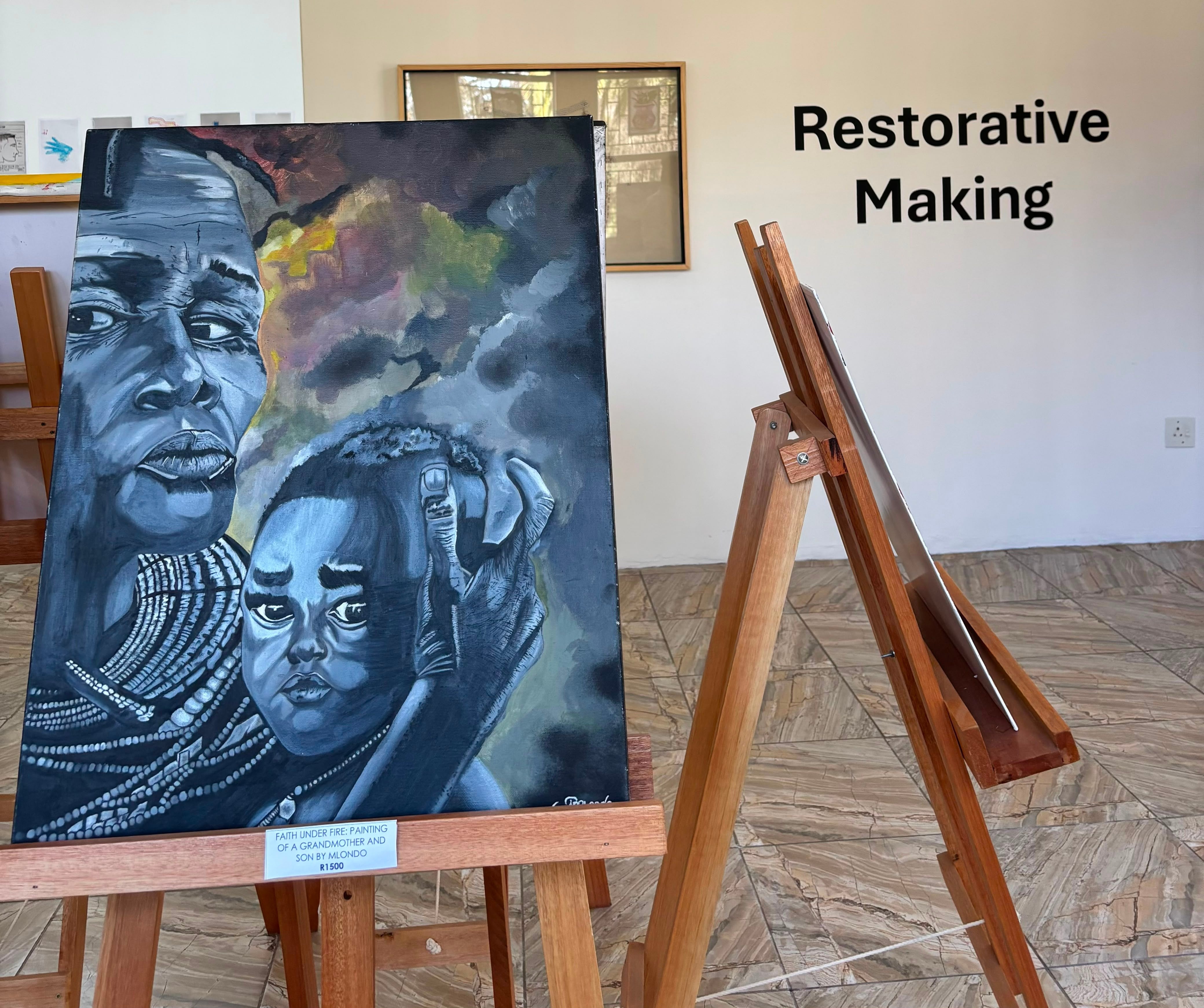A piece of art by Bongumusa Mlondo is displayed as part of the ’Restorative Making’ exhibition (AP Photo/Kayleen Morgan)