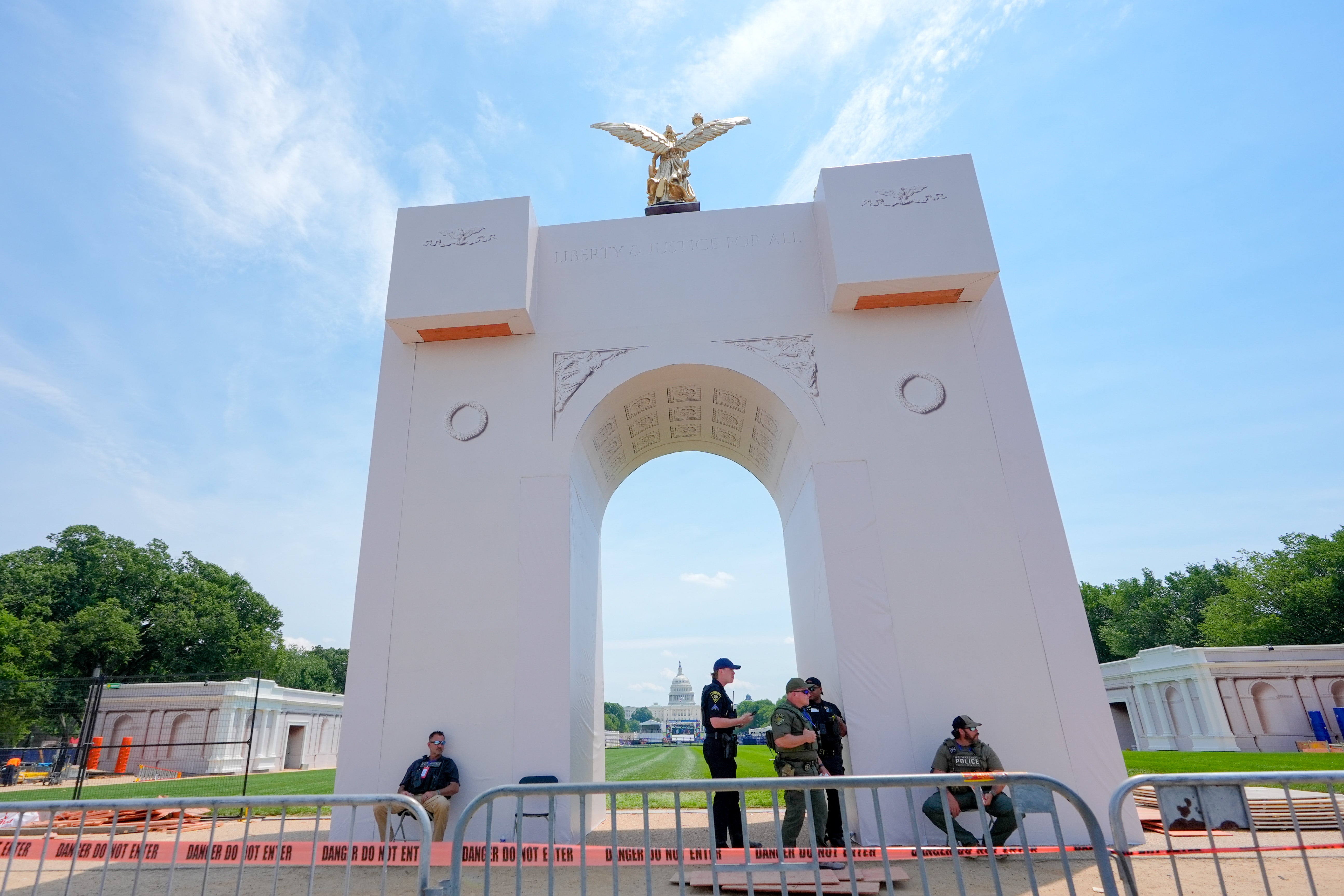 An arch is pictured as preparations continue for the Great American State Fair on the National Mall, Monday, June 22, 2026 (AP Photo/Mariam Zuhaib)