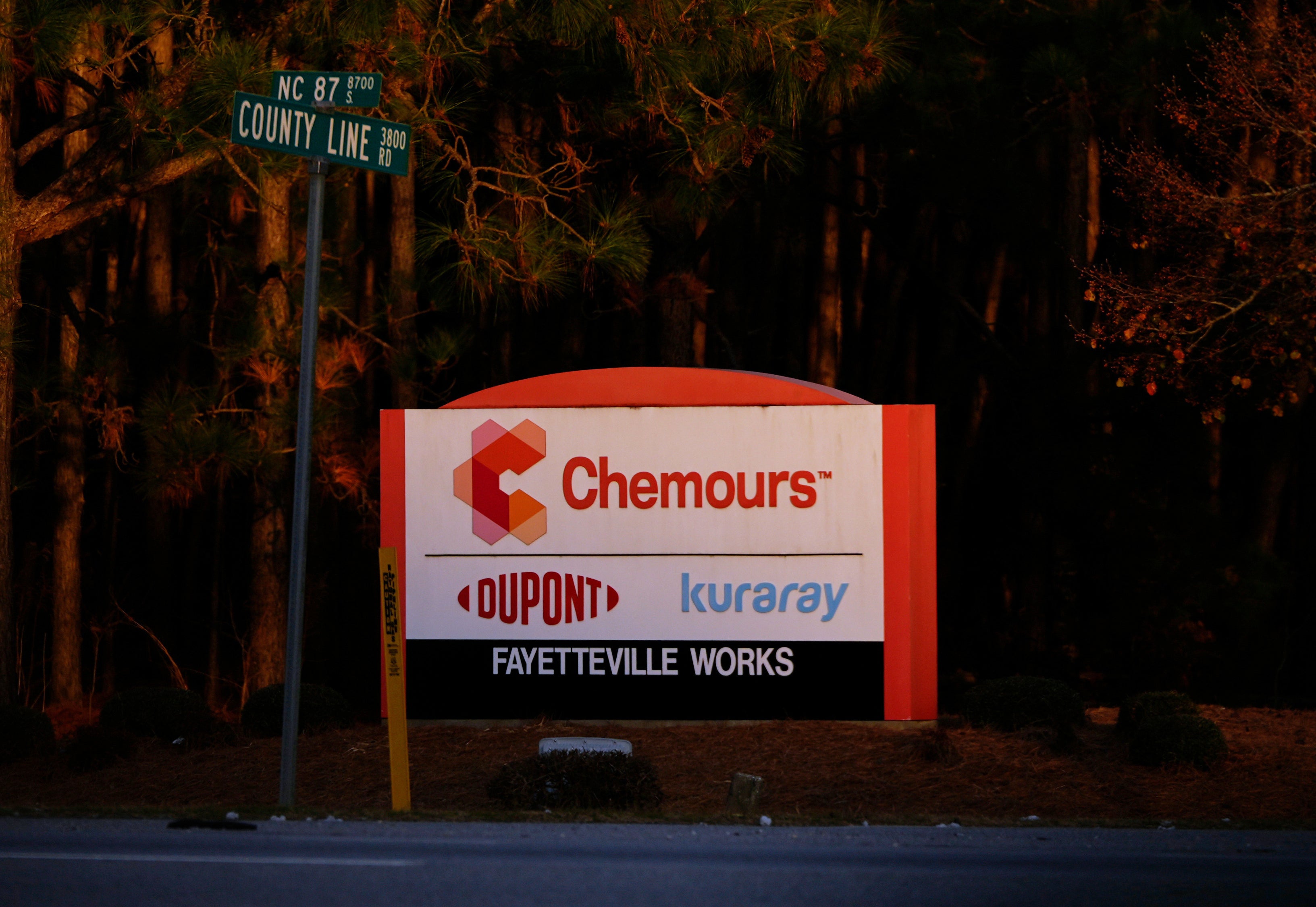 A sign is displayed at the entrance of Chemours Company, Fayetteville Works in White Oak, North Carolina (Copyright 2025 The Associated Press. All rights reserved)