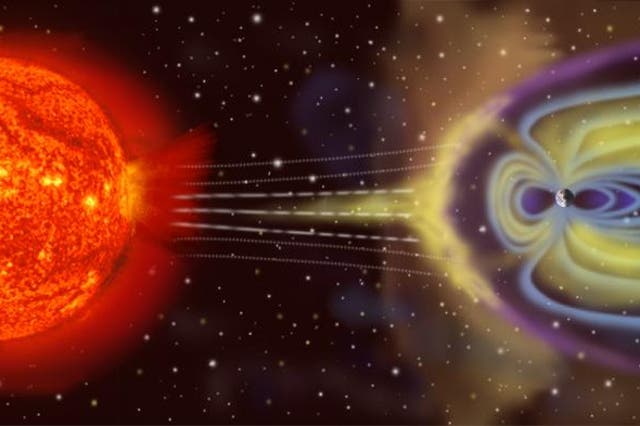 <p>Ilustración artística de partículas del viento solar interactuando con la Tierra </p>