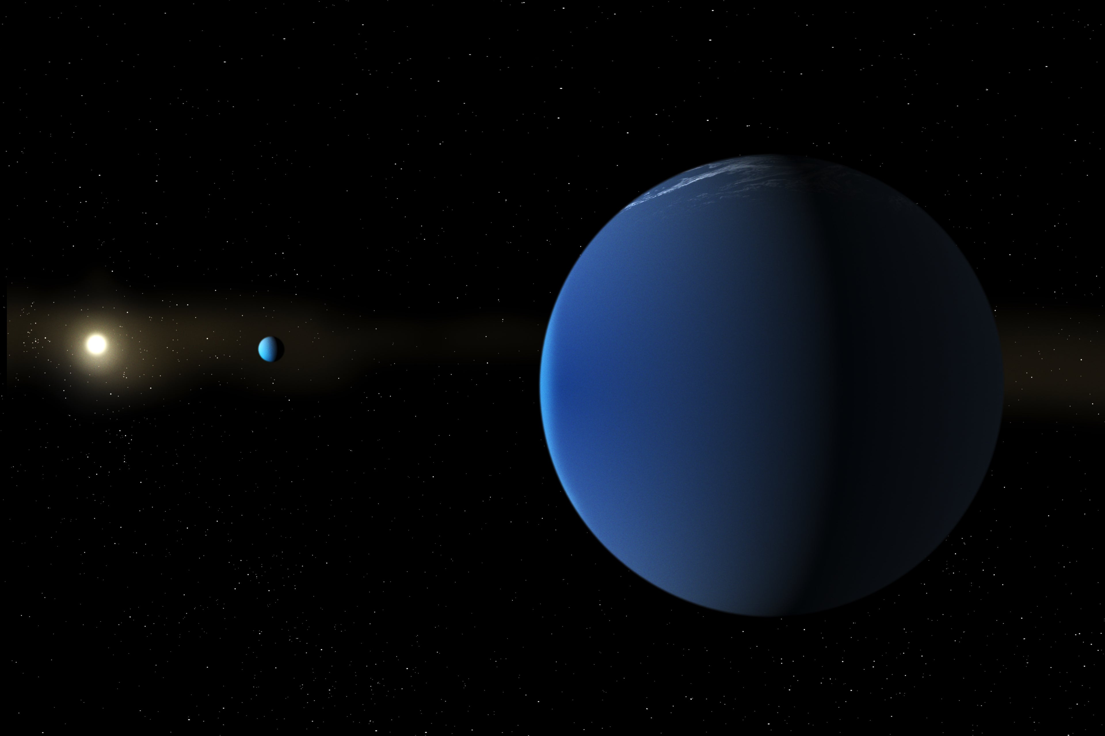 Nasa illustration depicts star TOI-791, background left, and two giant planets in its orbit