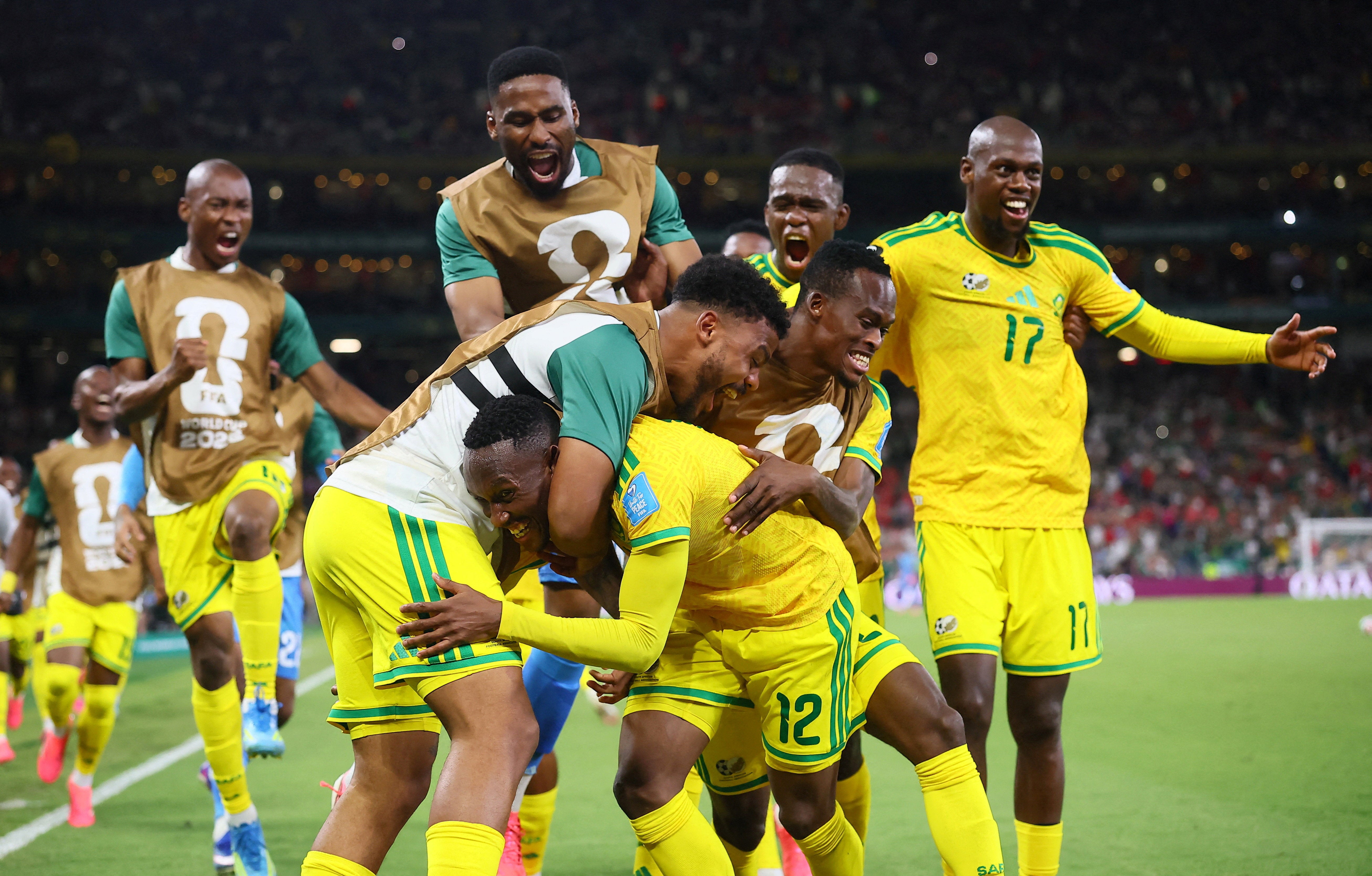 South Africa's Thapelo Maseko celebrates scoring their first goal with teammates
