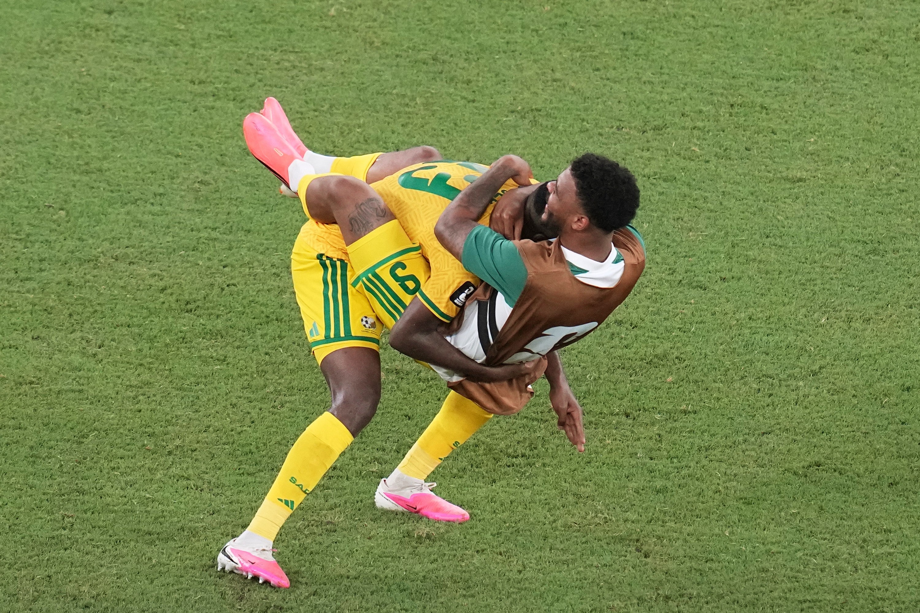 South Africans celebrate after winning the World Cup Group A soccer match against South Korea in Guadalupe