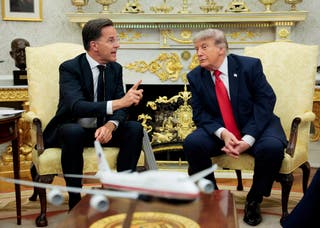US president Donald Trump participates in a meeting with Nato Secretary General Mark Rutte in the Oval Office at the White House in Washington, DC