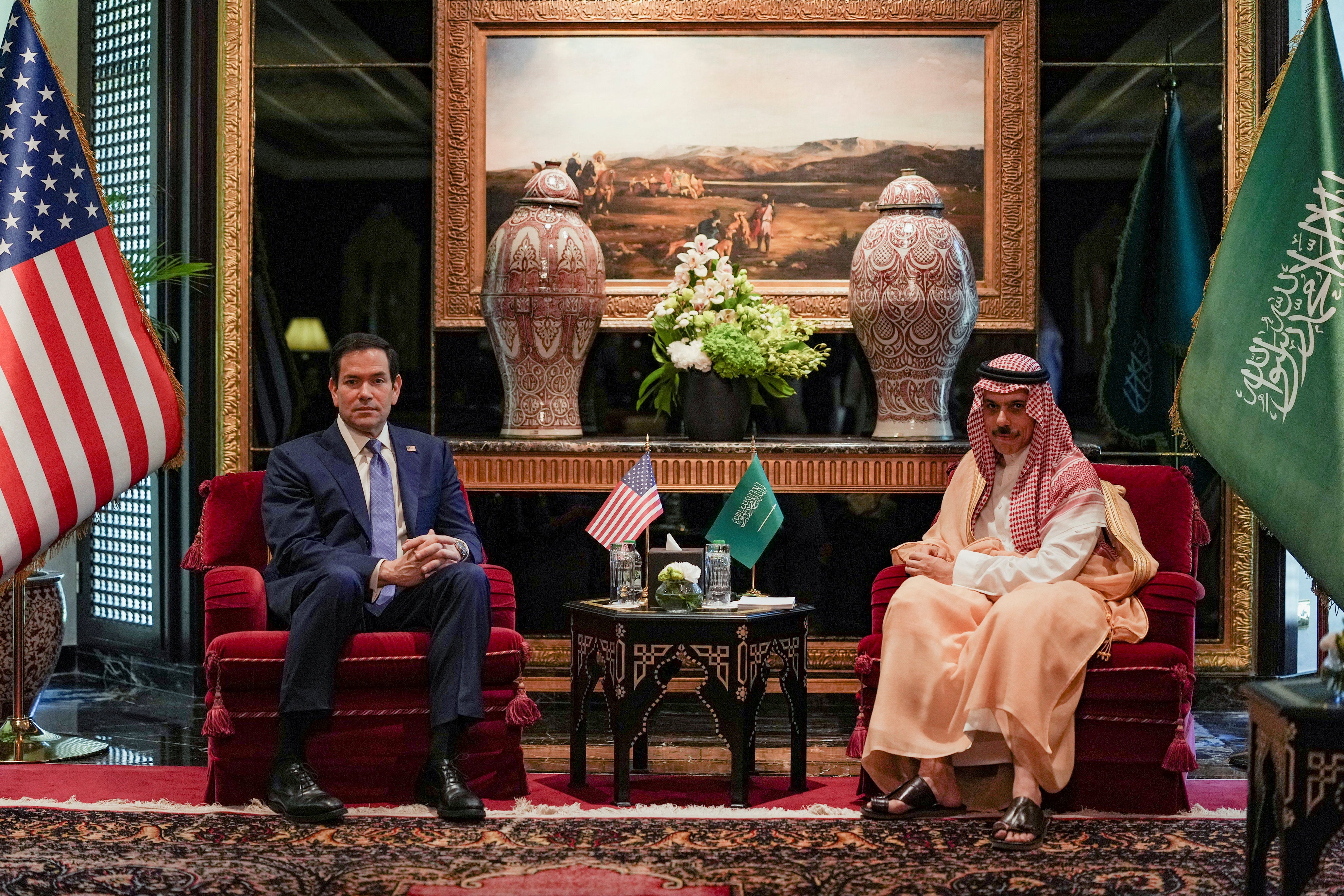 Rubio later met Saudi Foreign Minister Faisal bin Farhan Al Saud at The Ritz-Carlton Bahrain during Rubio's visit to the Middle East to discuss the interim deal between the U.S. and Iran with Arab Gulf allies, in Manama, Bahrain
