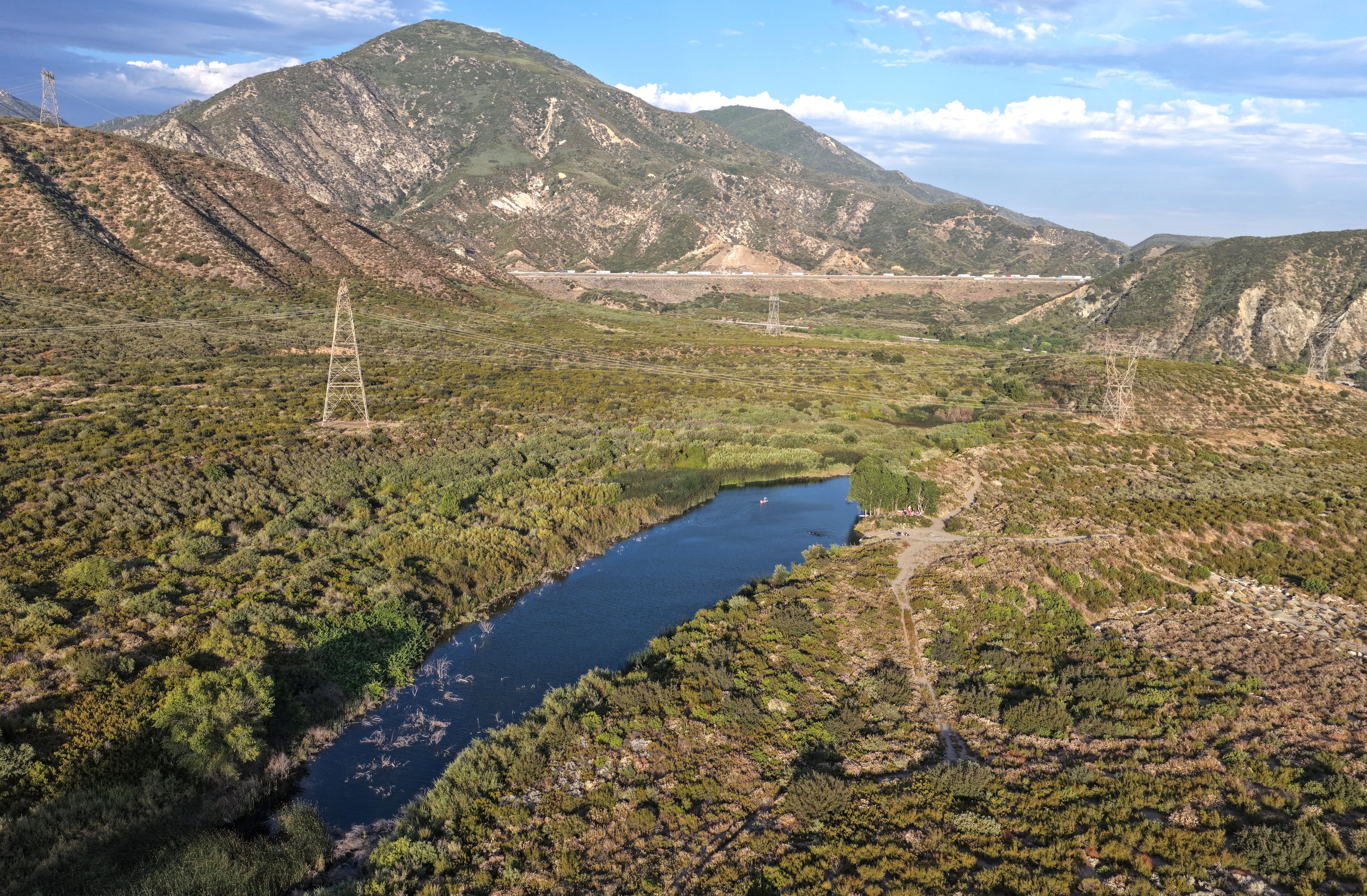 In an aerial view, Lost Lake, a natural sag pond created by the San Andreas fault, is shown near the Cajon Pass on June 23