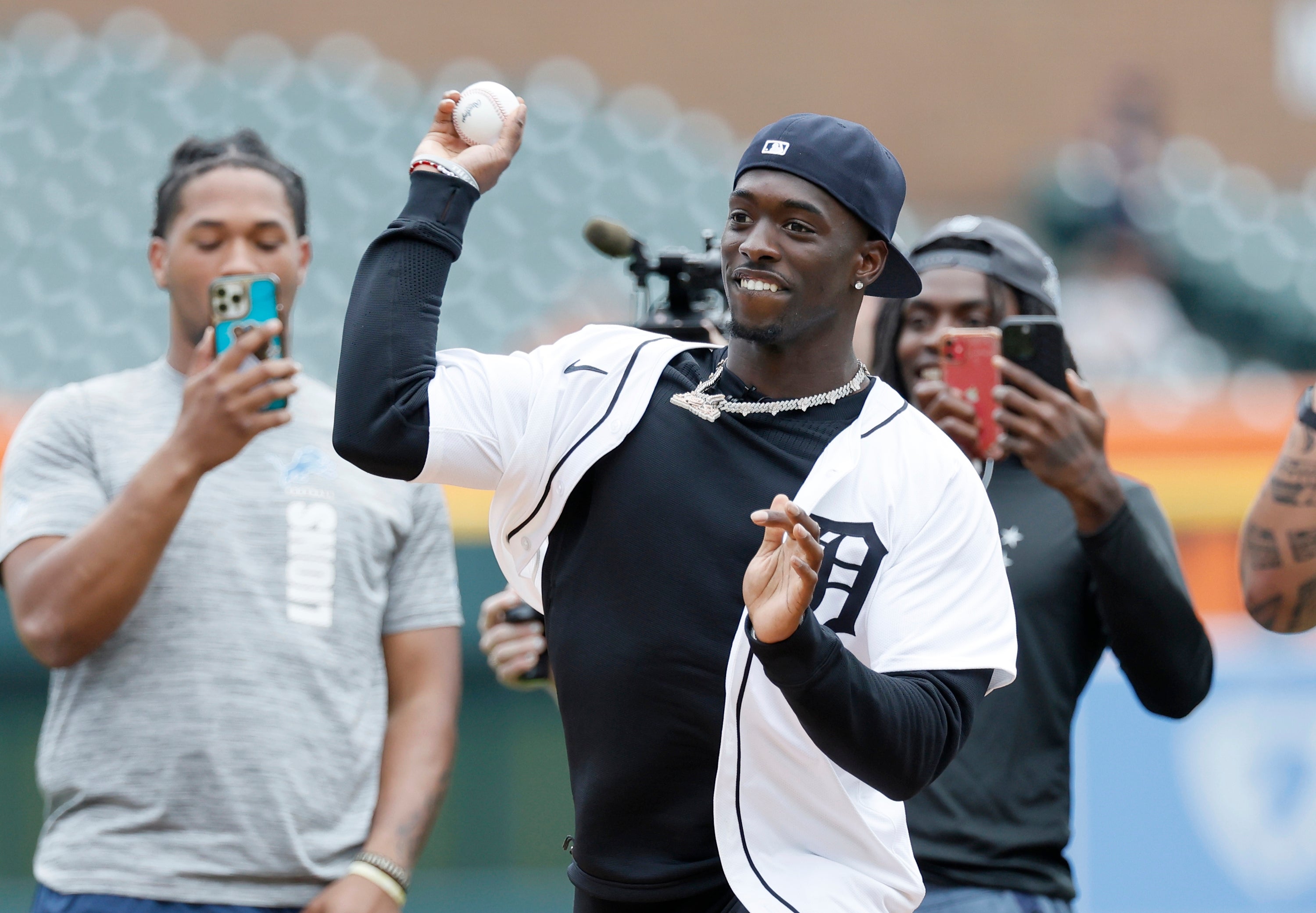Arnold, the 24th pick in the 2024 NFL draft and a cornerback out of Alabama, throws out a a ceremonial first pitch before the Detroit Tigers game against the Washington Nationals at Comerica Park on June 13, 2024