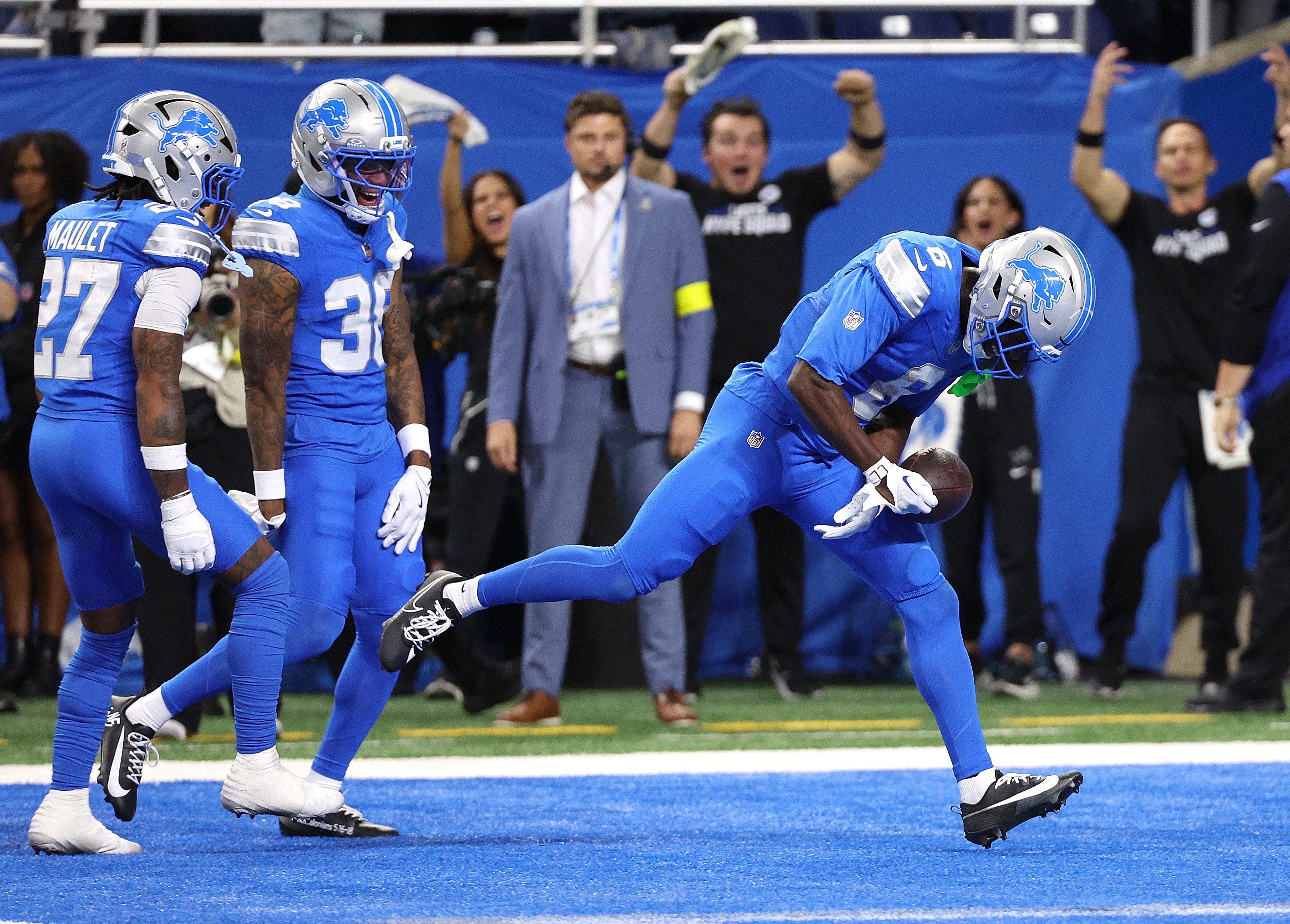 Terrion Arnold #6 of the Detroit Lions celebrates a interception in the second quarter against the Minnesota Vikings in the game at Ford Field on November 02, 2025
