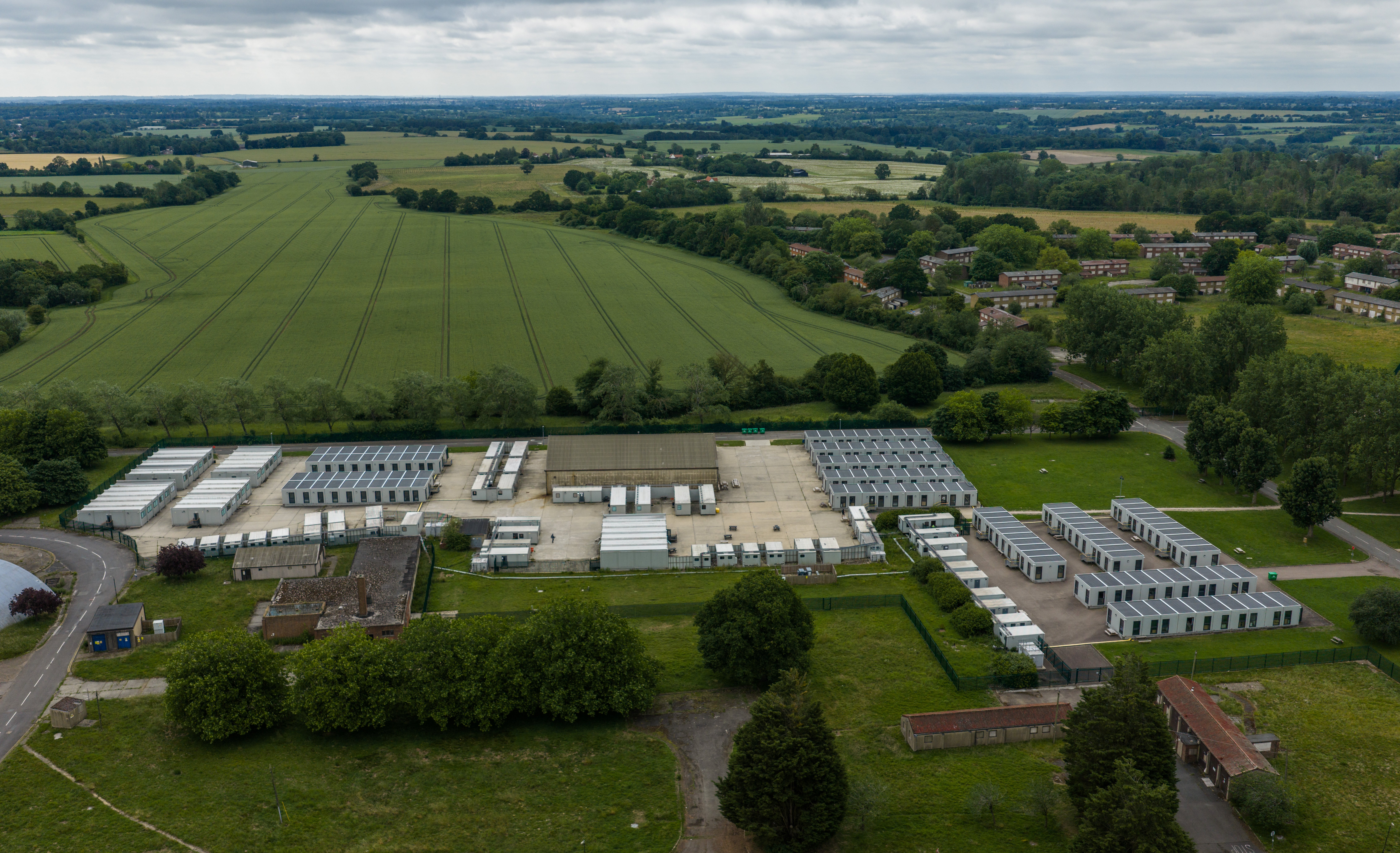 Accommodation units are pictured at Wethersfield migrant camp on June 18, 2026 in Wethersfield, United Kingdom.