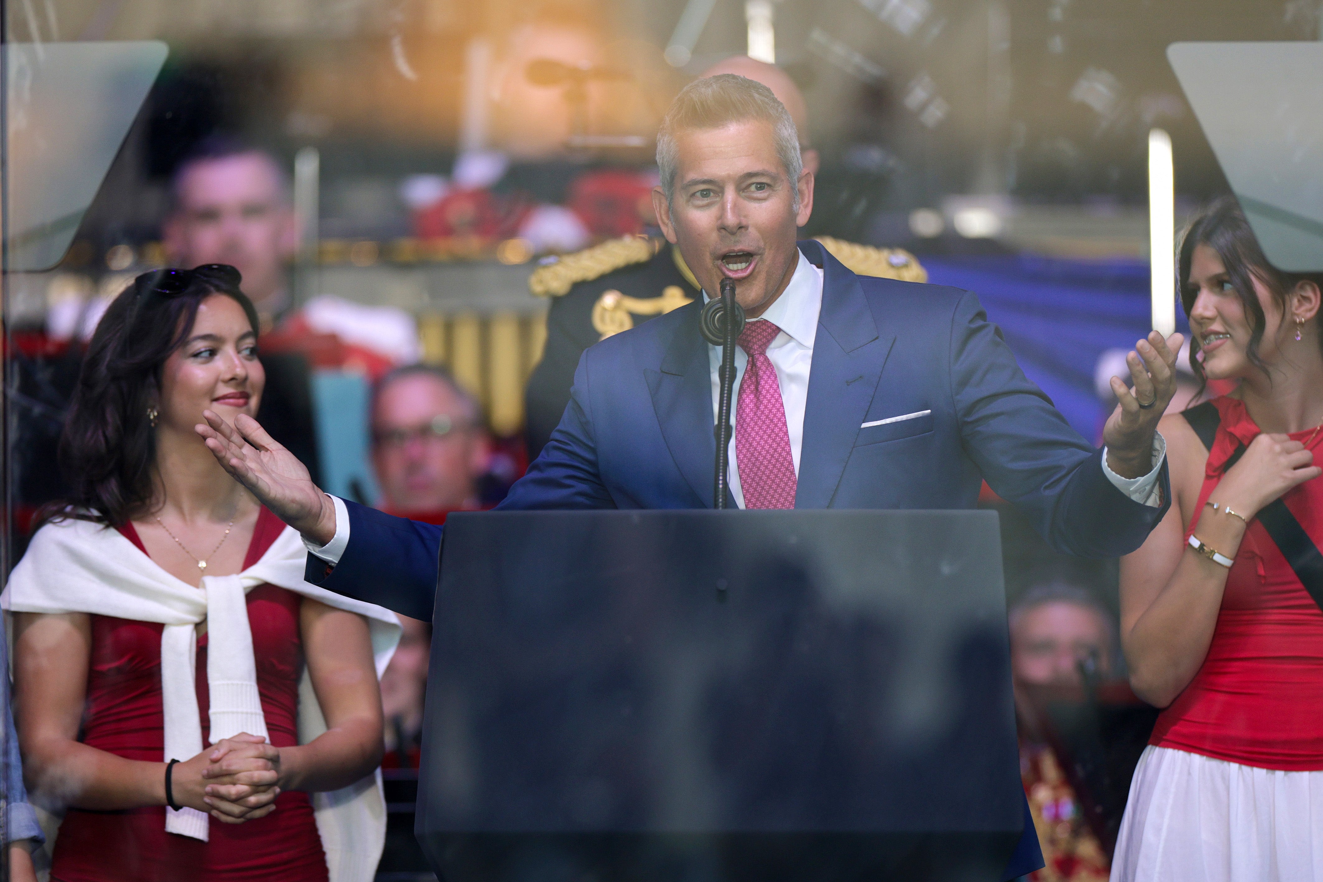The father of nine, married to Fox News host Rachel Campos-Duffy, used the word ‘lib***d,’ a play on a derogatory term for people with a developmental disability, to open his speech