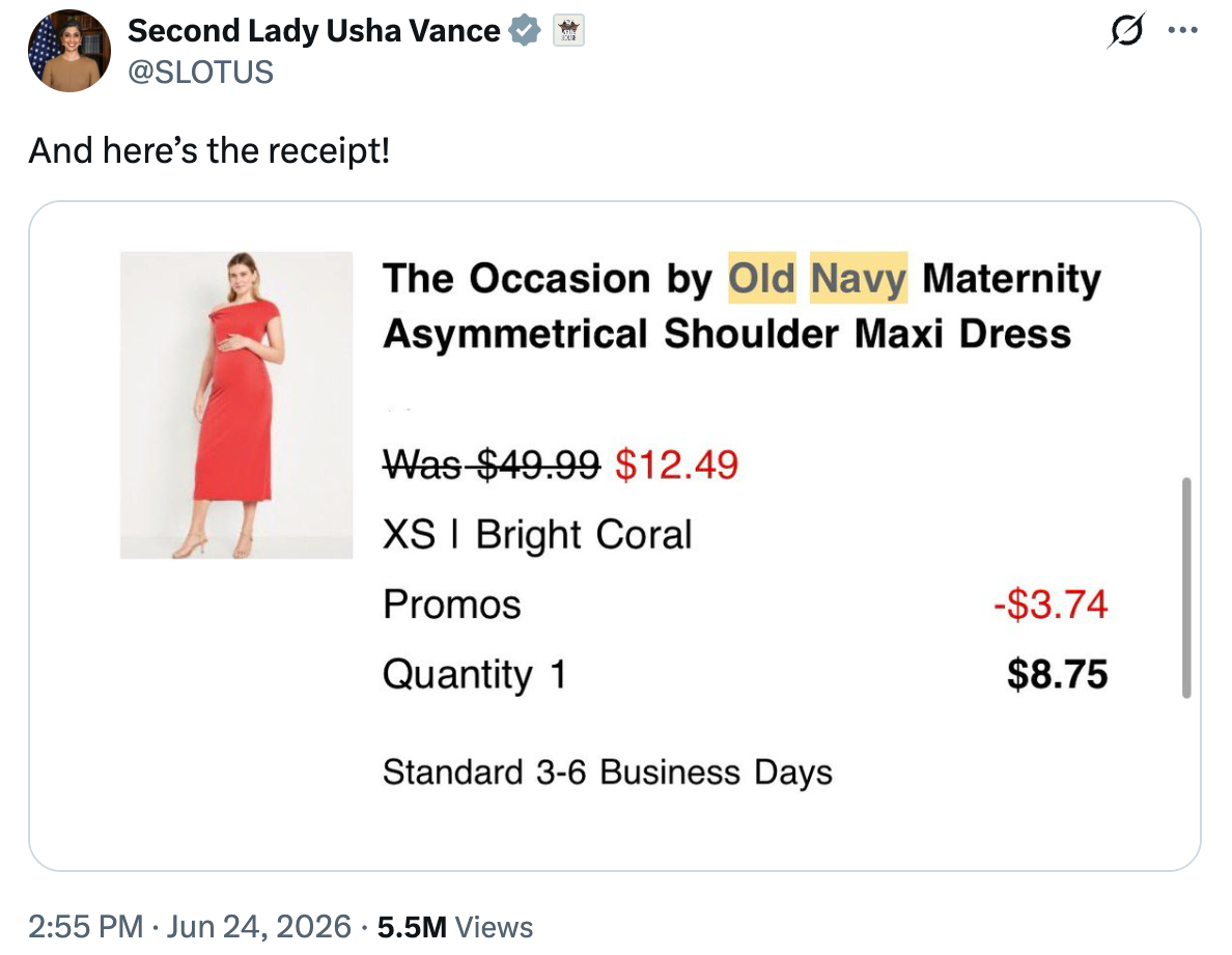 The second lady purchased the dress for $8.75 from Old Navy, she wrote on X, providing an image of her receipt (Second Lady Usha Vance, X)