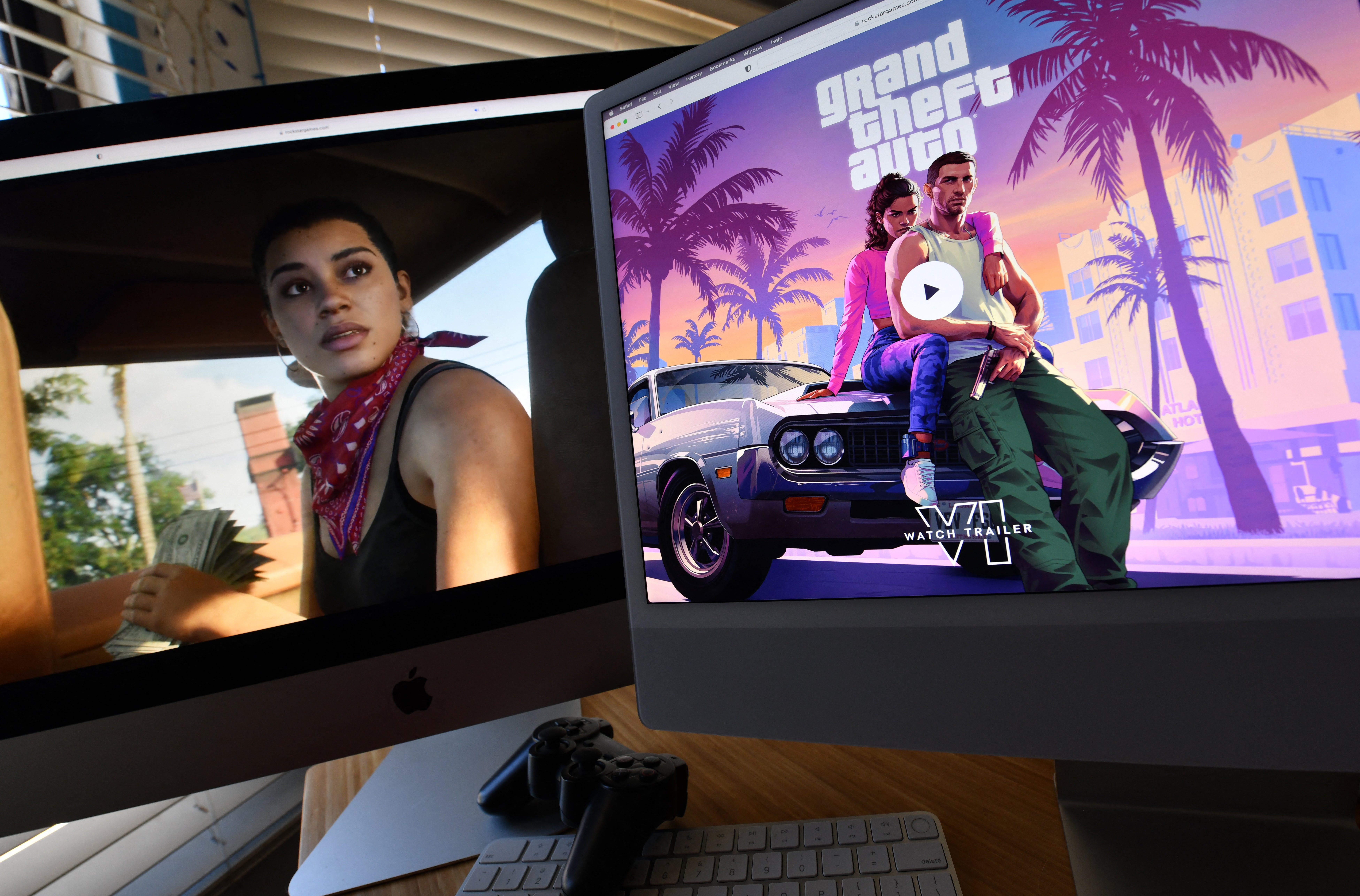 Rockstar Games' Grand Theft Auto 6 trailer shown on computer screens in Los Angeles, California, on 5 December 2023
