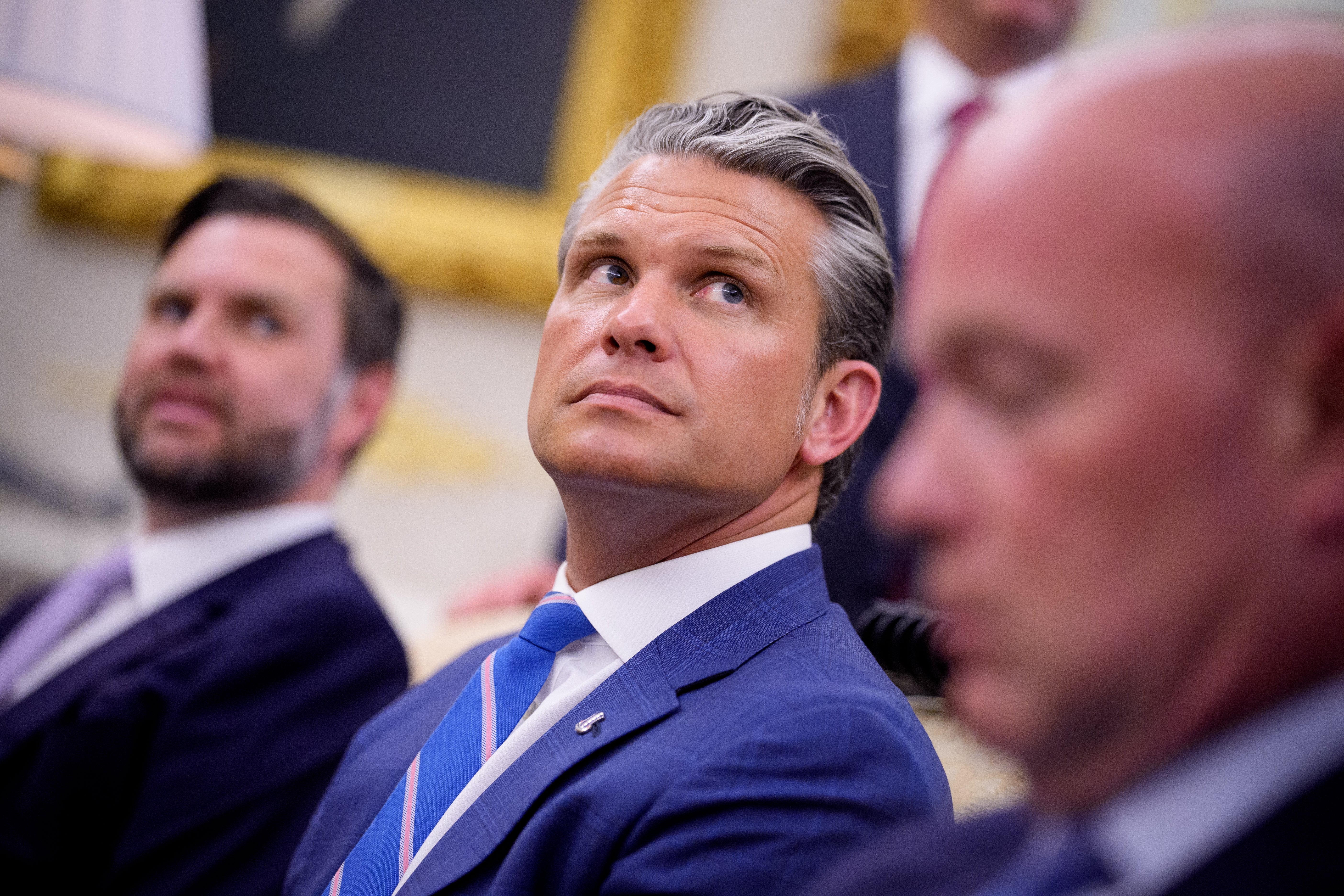 <p>Vice President J.D. Vance, Secretary of War Pete Hegseth, and U.S. Ambassador to NATO Matthew Whitaker, attend a meeting with U.S. President Donald Trump and NATO Secretary-General Mark Rutte in the Oval Office of the White House on June 24</p>