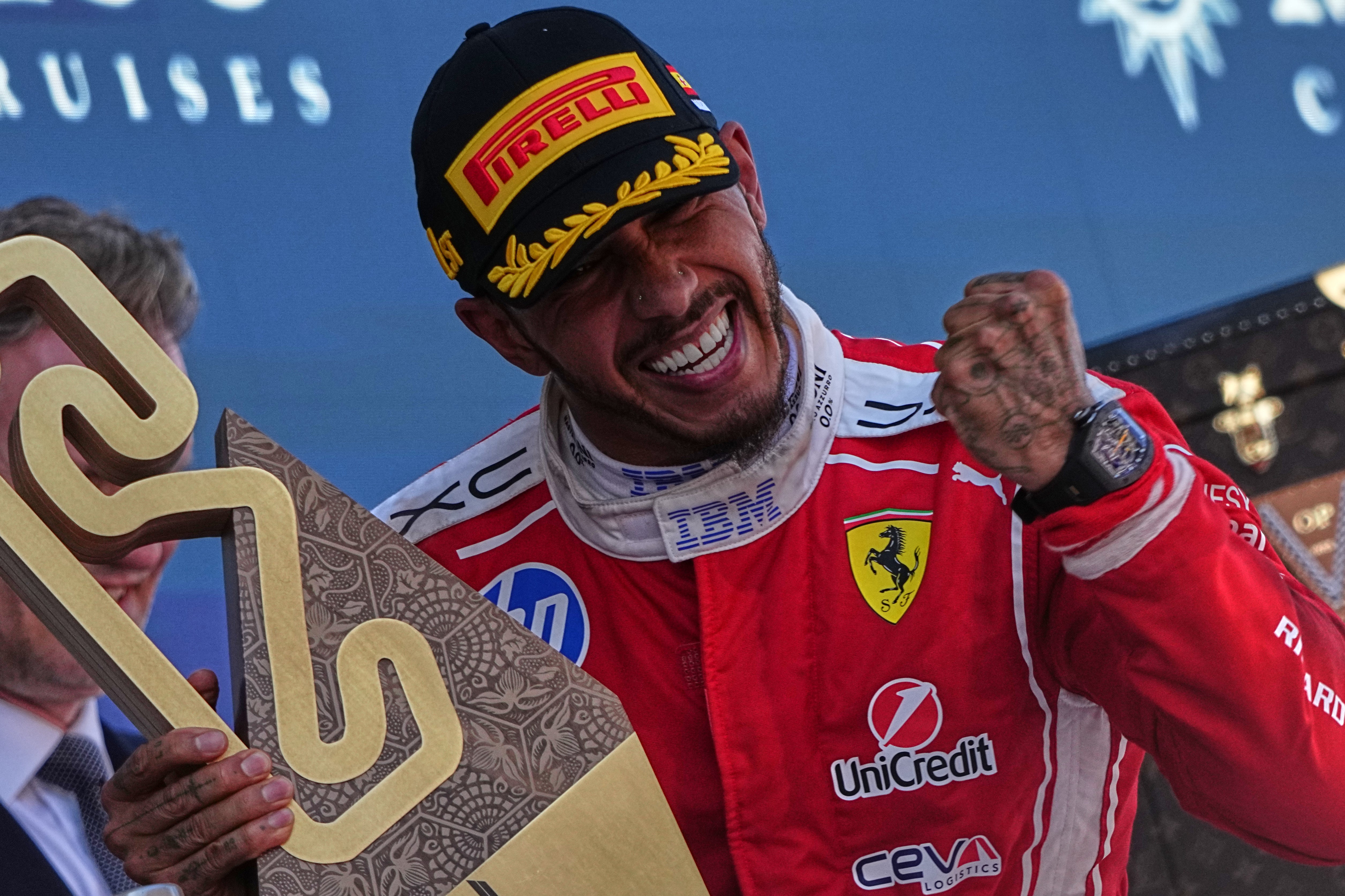 Lewis Hamilton celebrates after winning the Spanish Grand Prix (Fatima Shbair/AP)