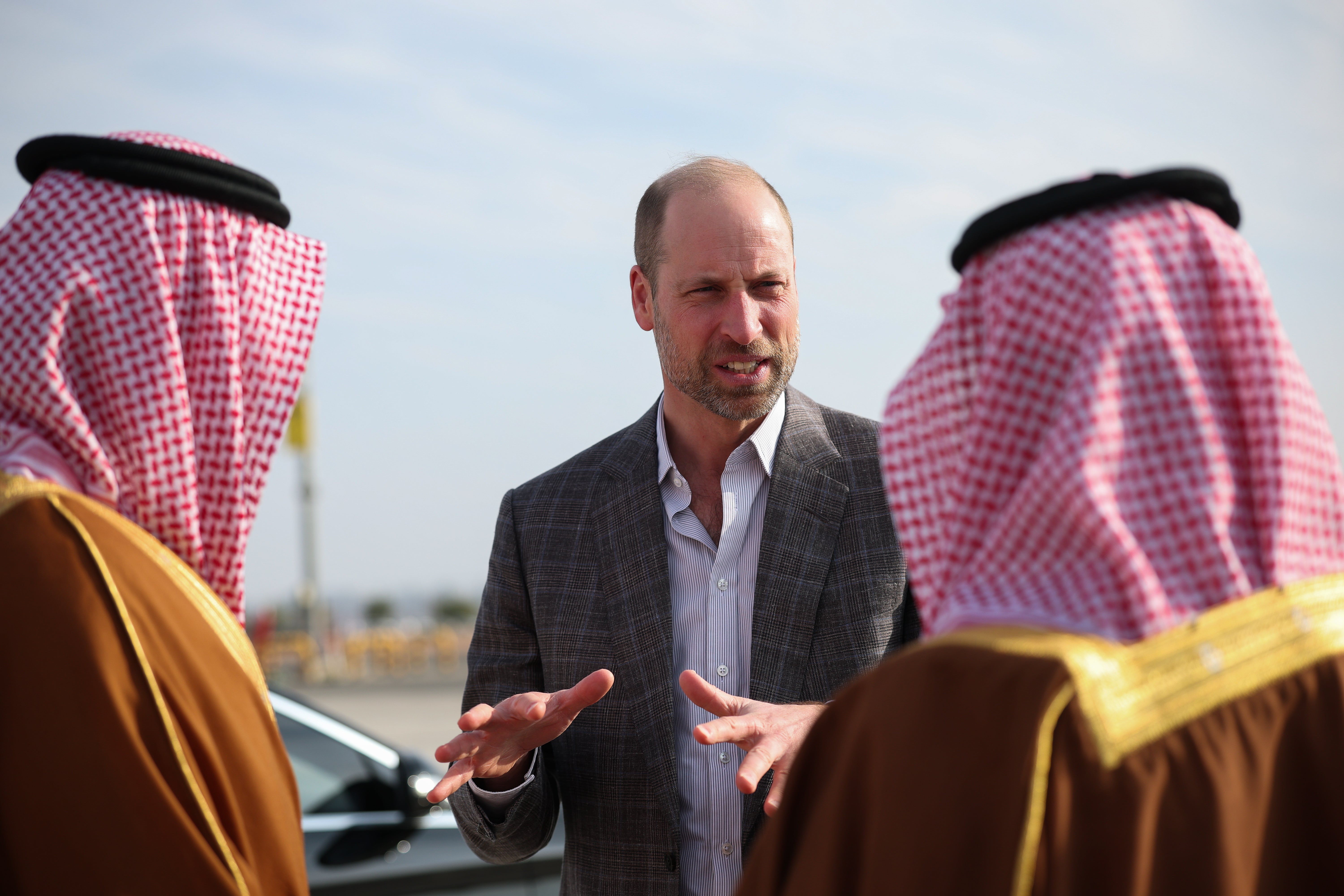 Prince William, Prince of Wales says his goodbyes as he departs from AlUla Airport, as he leaves Saudi Arabia on the last day of his first official trip to the country on 11 February 2026