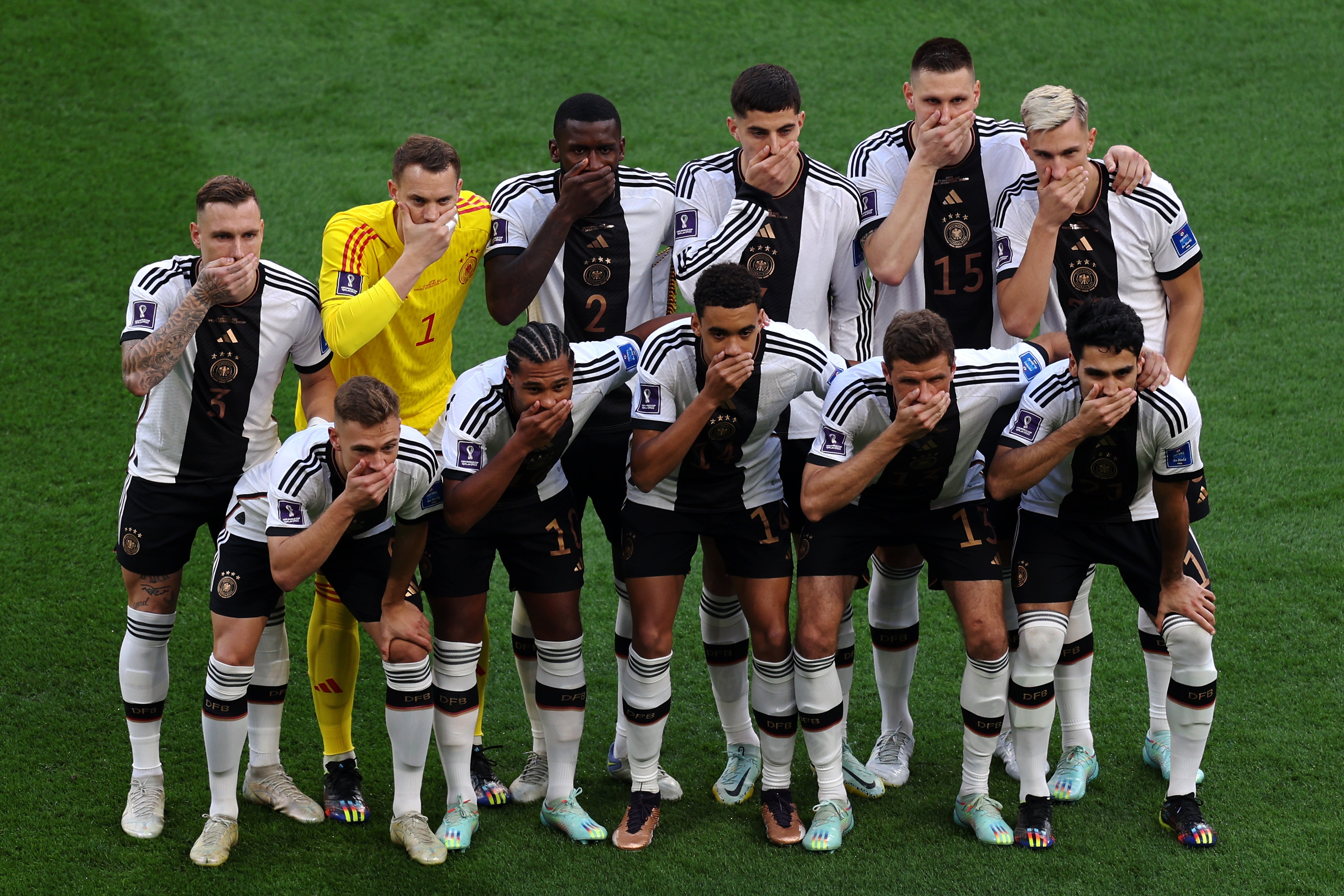 German players covered their mouths in protest at Fifa’s ‘political statement’ laws at the last World Cup in Qatar