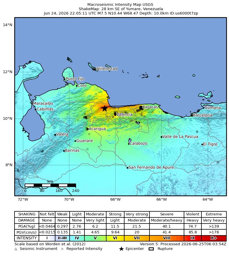 Map shows intensity of magnitude 7.5 earthquake (USGS)