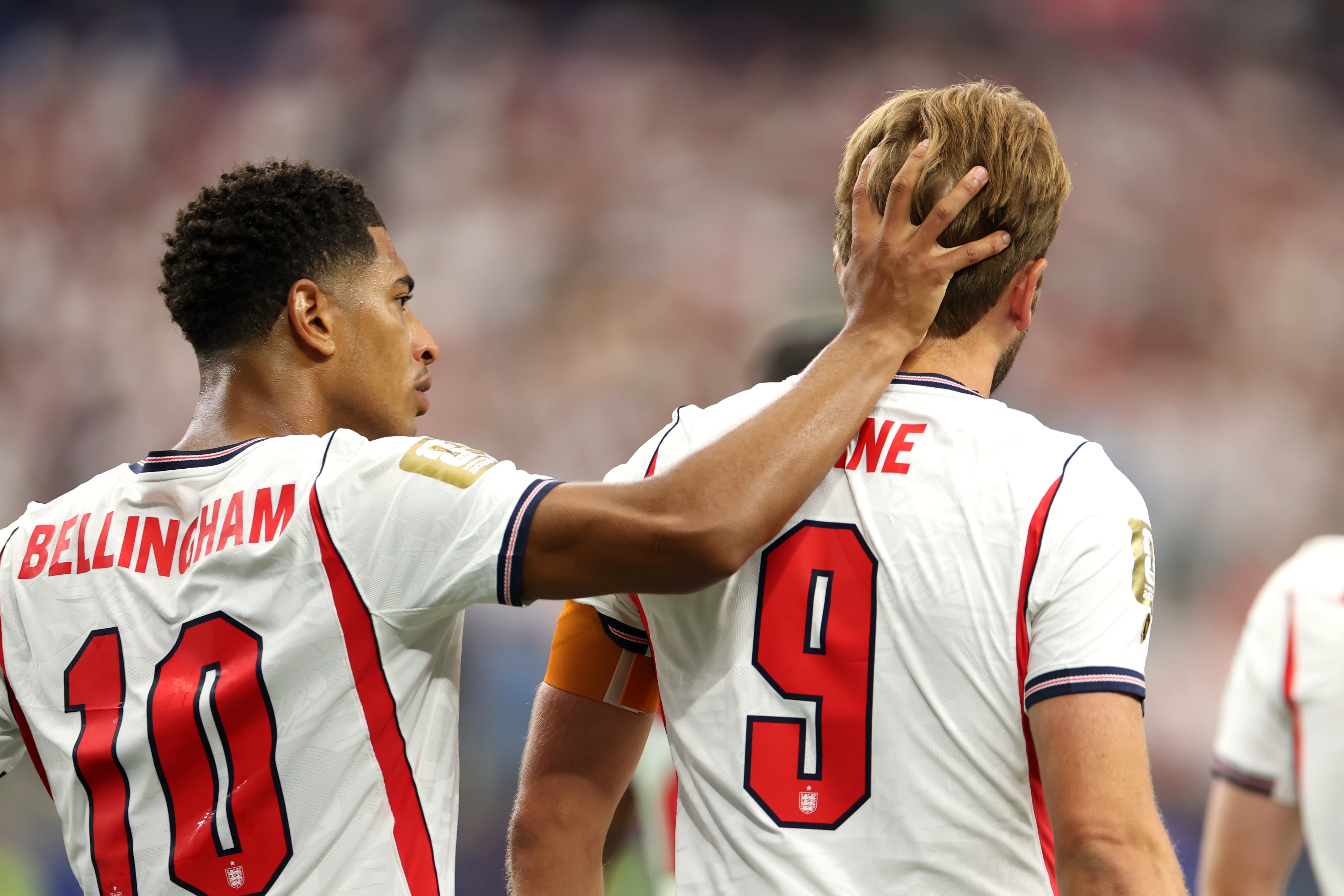 Harry Kane #9 of England celebrates with Jude Bellingham #10 after scoring a penalty for the team's first goal during the FIFA World Cup 2026 (Getty)