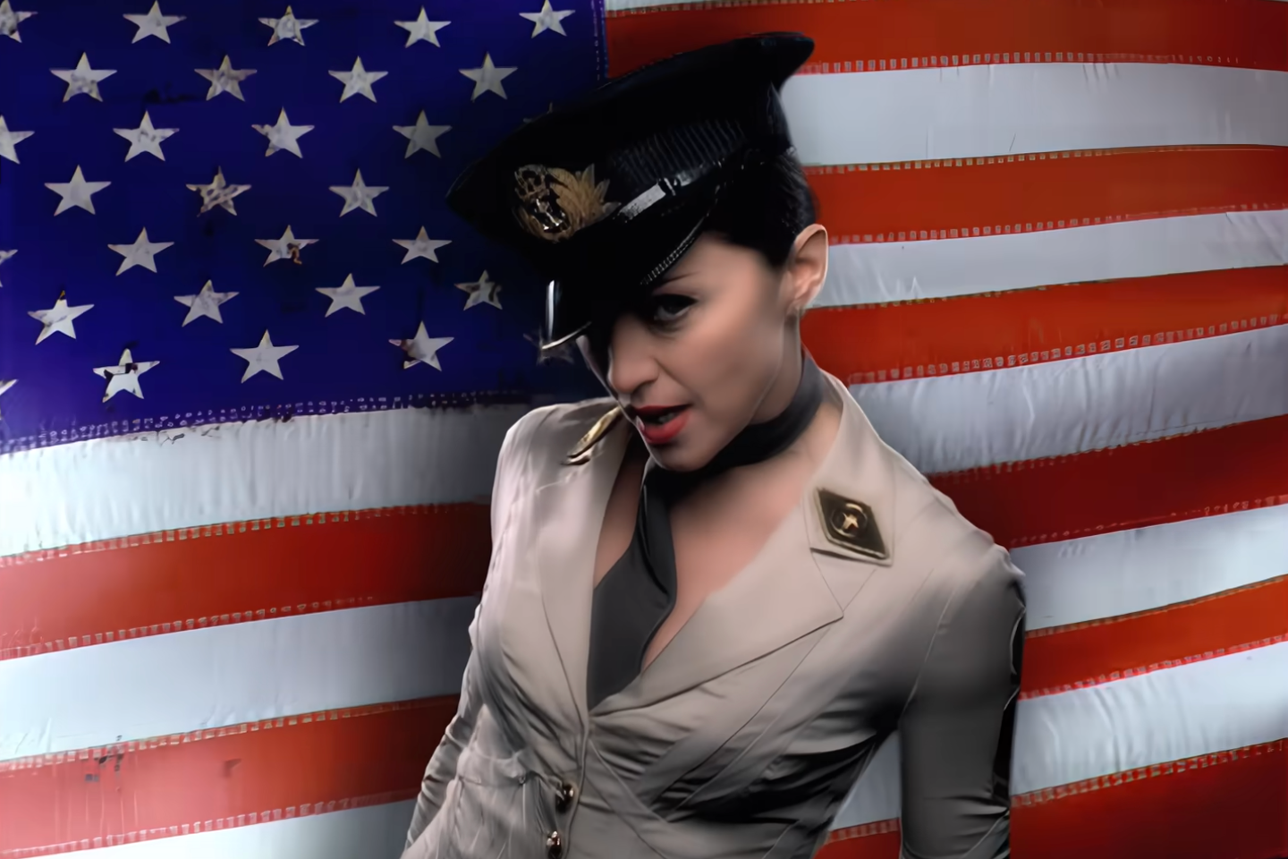 Madonna in her video for ‘American Life’ (Warner Bros)