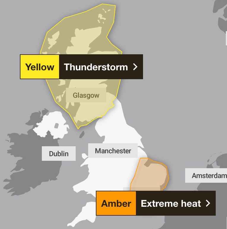 Weather warnings are in place for both Scotland and the east of England