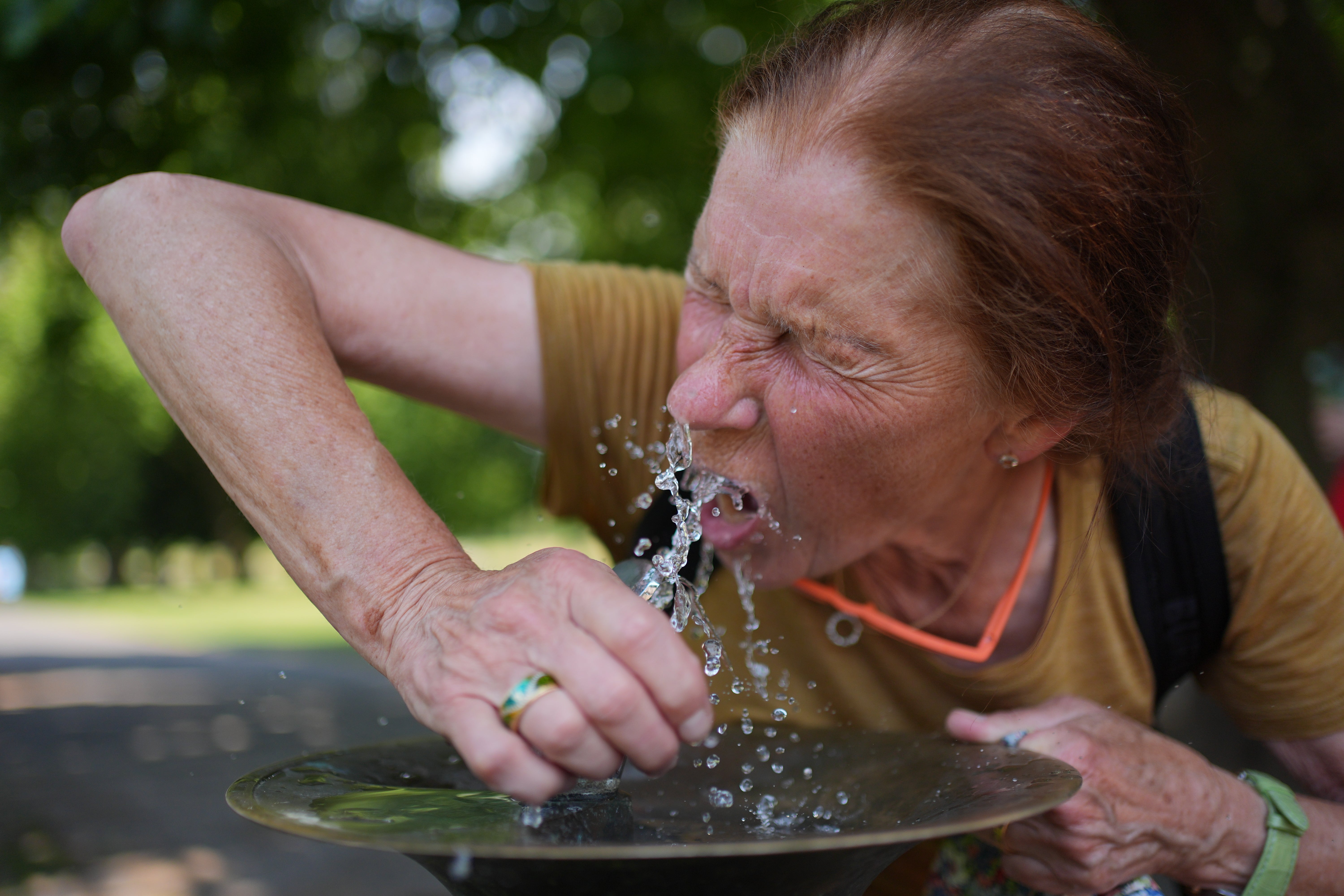 A woman drinks from a drinking fountain in Greenwich Park, London