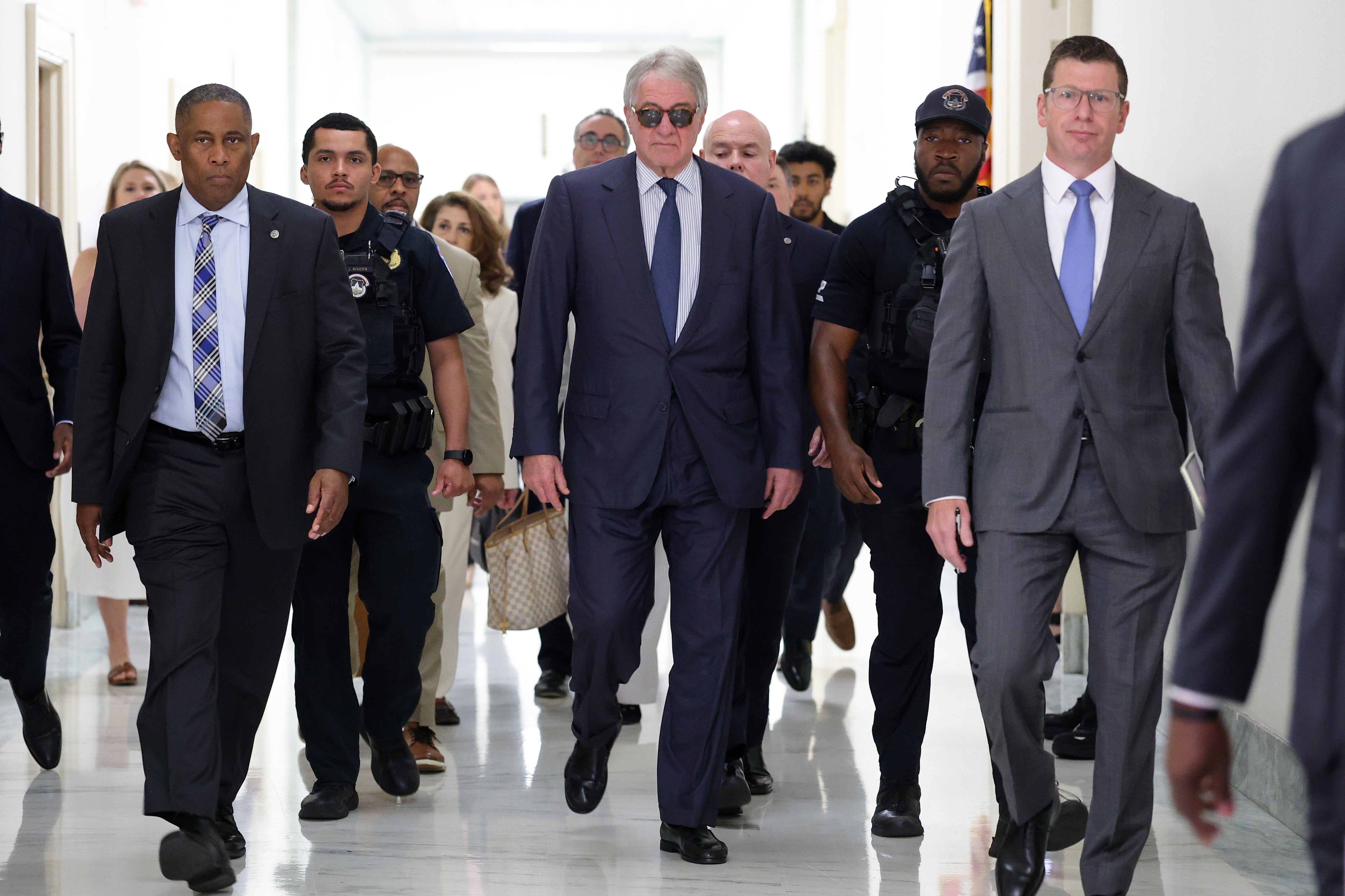 Former CEO of Apollo Global Management Leon Black (center) arrives to testify at a closed-door interview with the House Oversight Committee on Capitol Hill on June 26, 2026 in Washington, DC