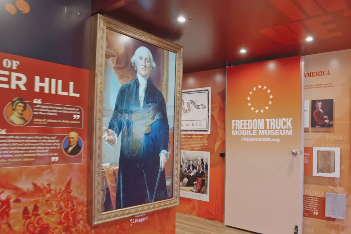 AI-generated George Washington run by conservative PragerU is a featured on Trump’s ‘Freedom Truck’ as it tours US