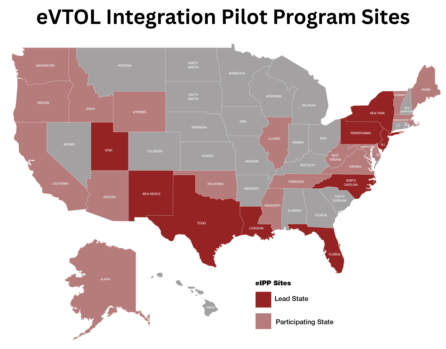 Department of Transportation map shows areas participating in eVTOL pilot programs across the US, with lead states shown in red