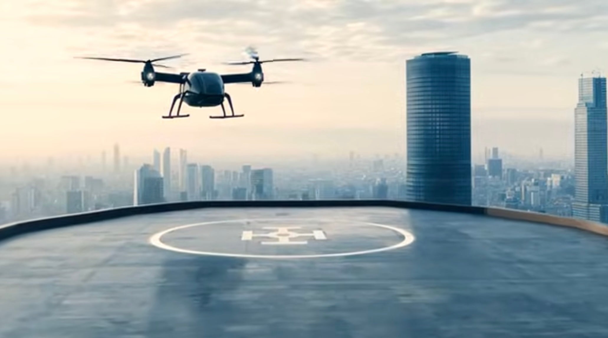A Federal Aviation Administration rendering shows powered-lift aircraft landing on a pad. The Department of Transportation aims to get initial operations off the ground by next year