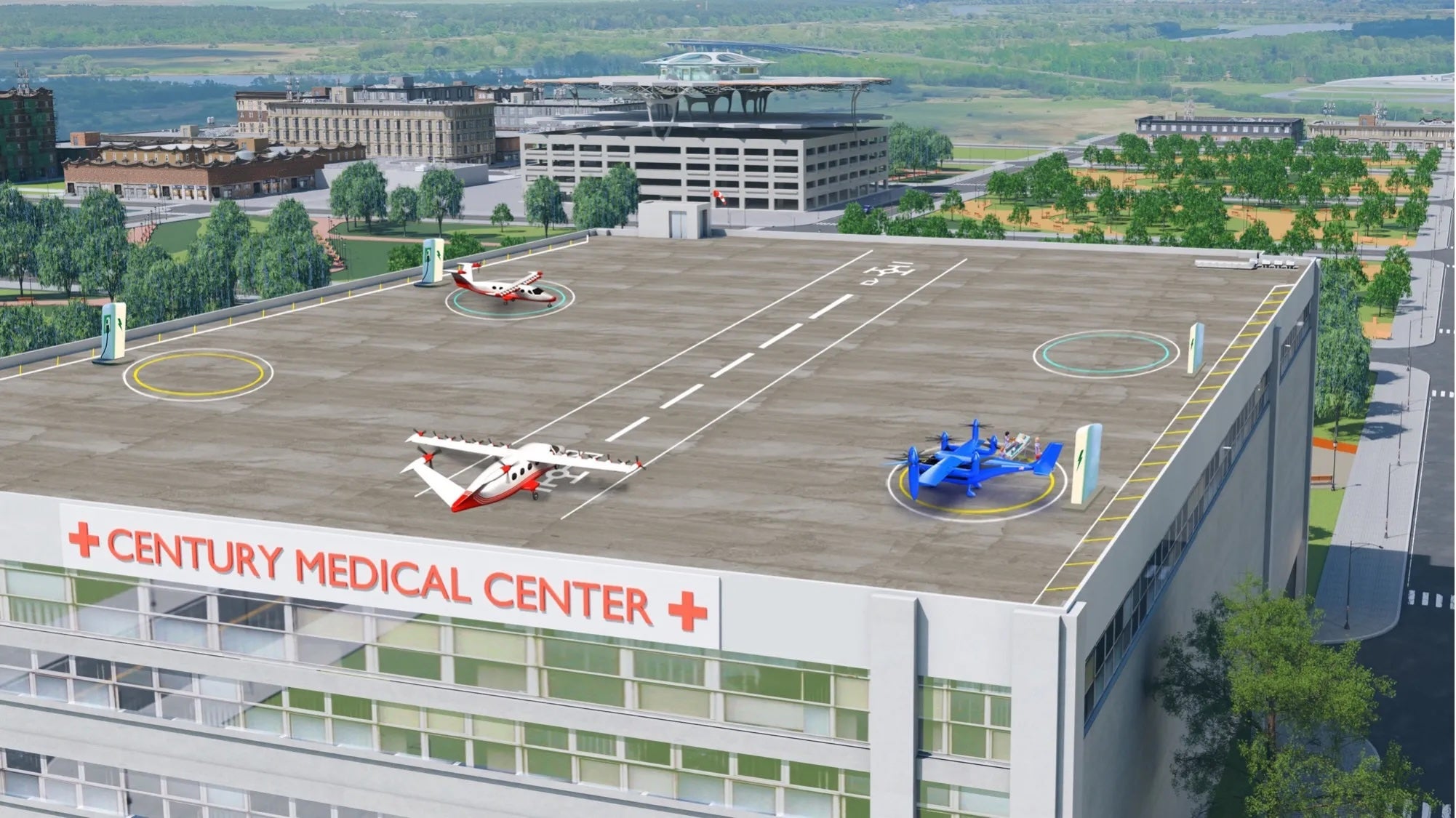 NASA concept art shows several advanced air mobility aircraft concepts staged for a medical transport. The agency has been studying how people respond to noise from different types of advanced air mobility aircraft
