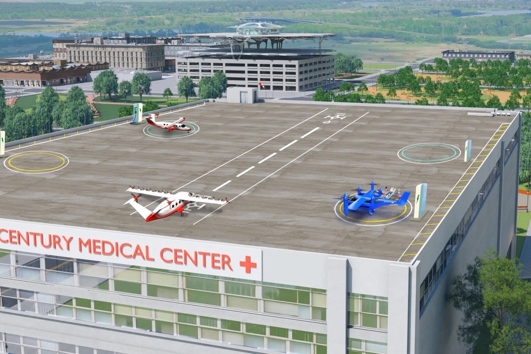 NASA concept art shows several advanced air mobility aircraft concepts staged for a medical transport. The agency has been studying how people respond to noise from different types of advanced air mobility aircraft (NASA/Lillian Gipson)