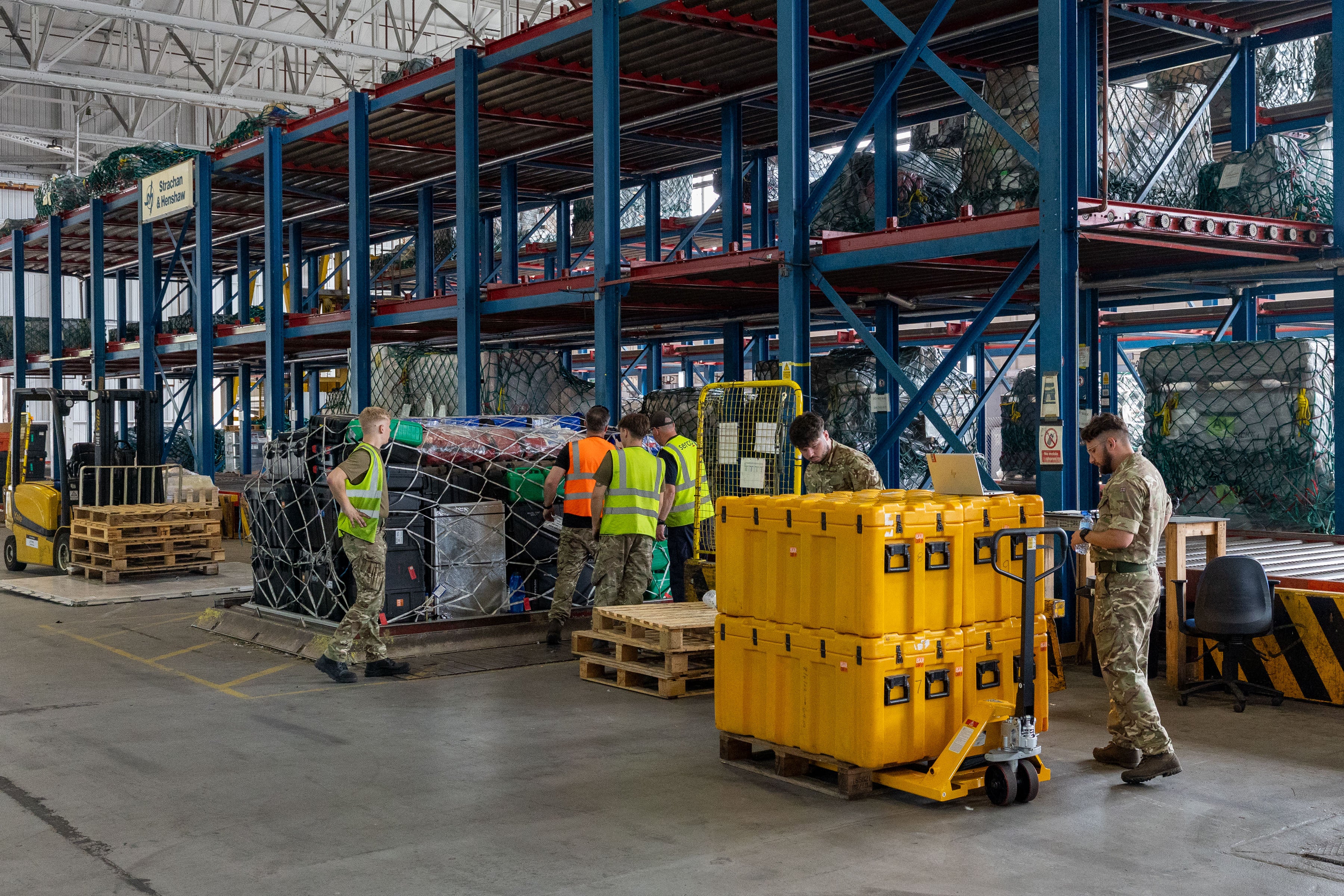 Pallets of humanitarian aid and specialist equipment at RAF Brize Norton ahead of deployment to Venezuela