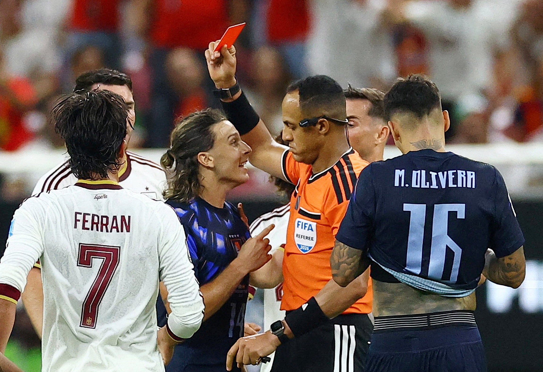 Agustin Canobbiowas sent off as frustration boiled over for Uruguay