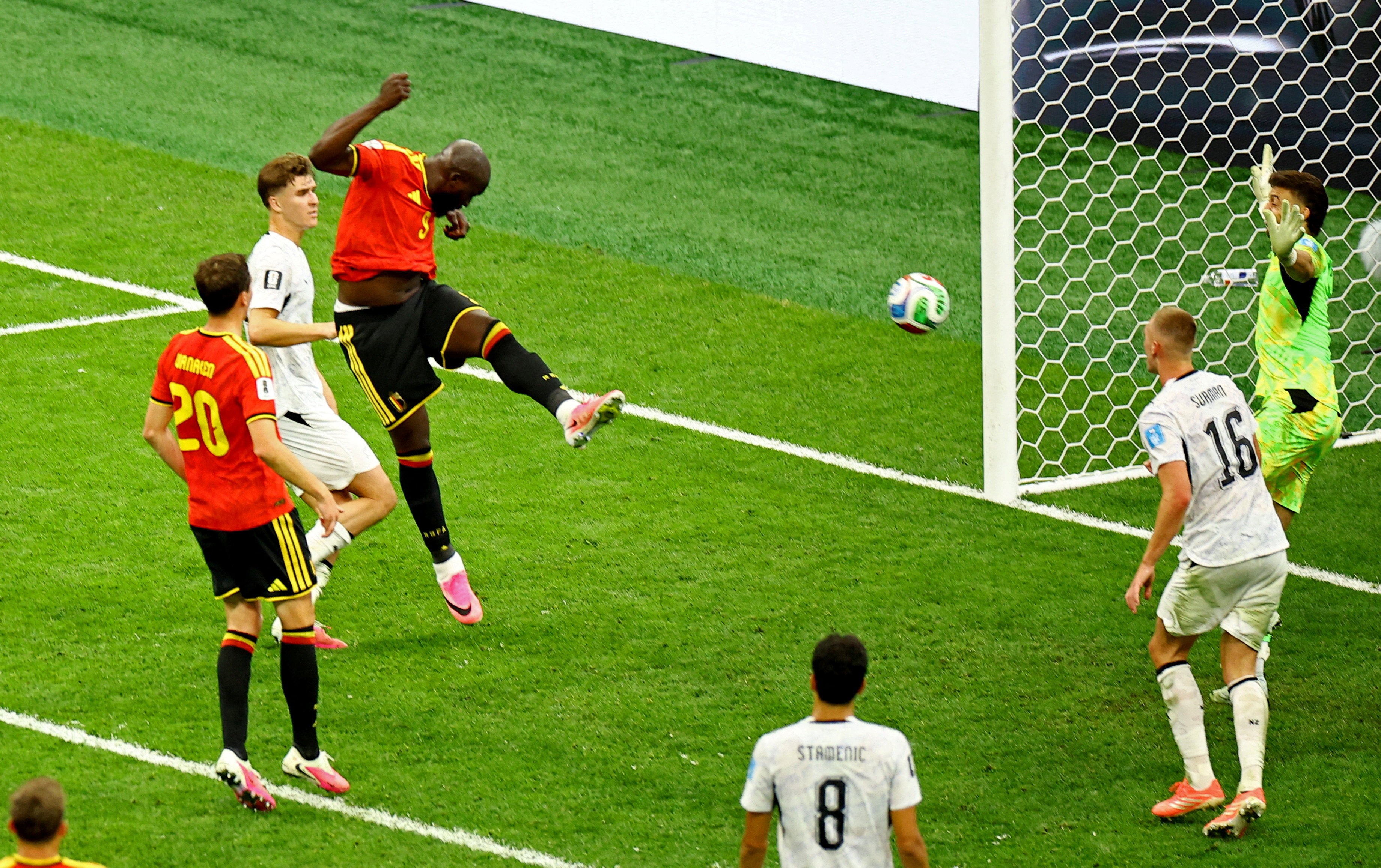 Belgium's Romelu Lukaku scores their fourth goal
