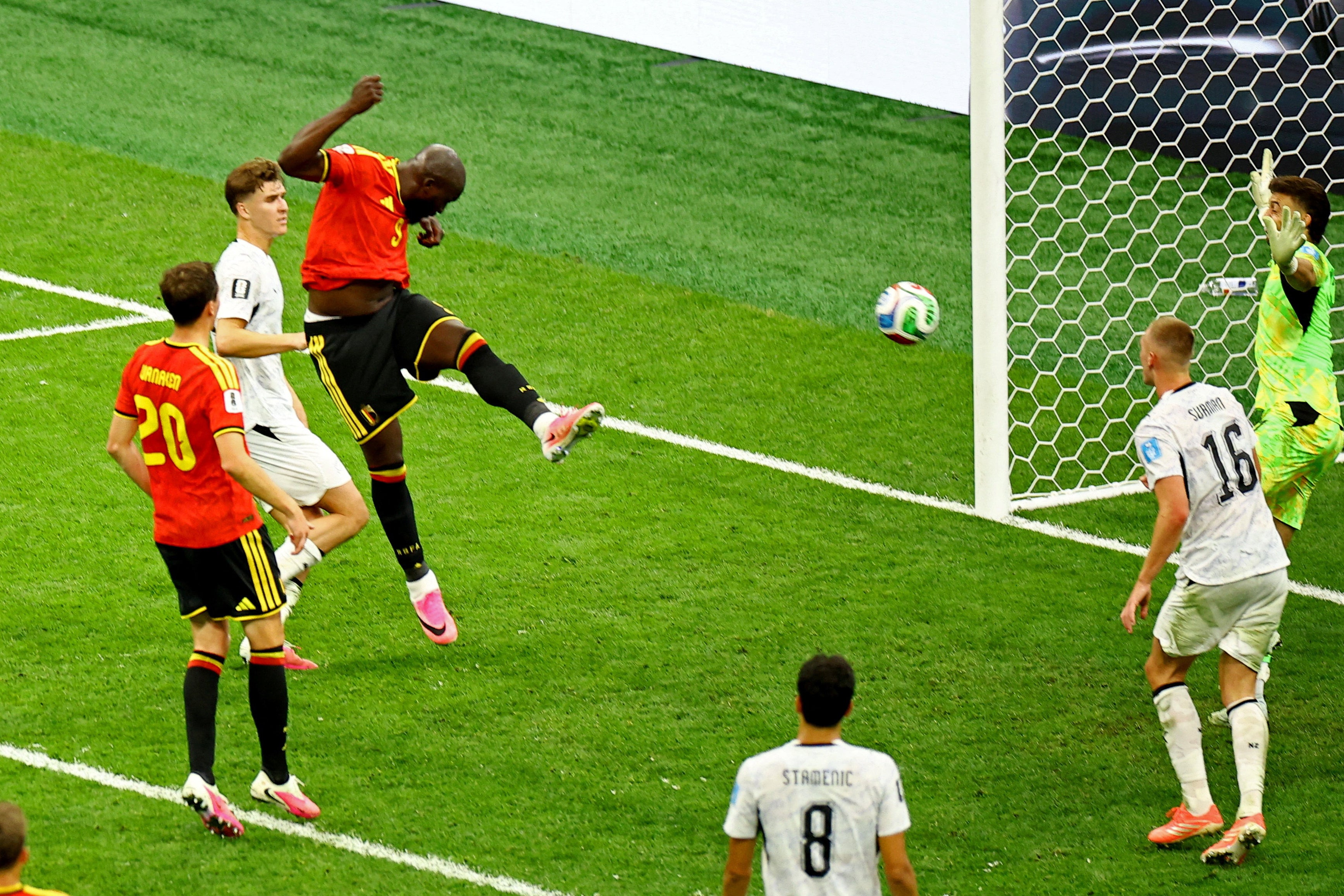 Belgium's Romelu Lukaku scores their fourth goal against New Zealand (Reuters)