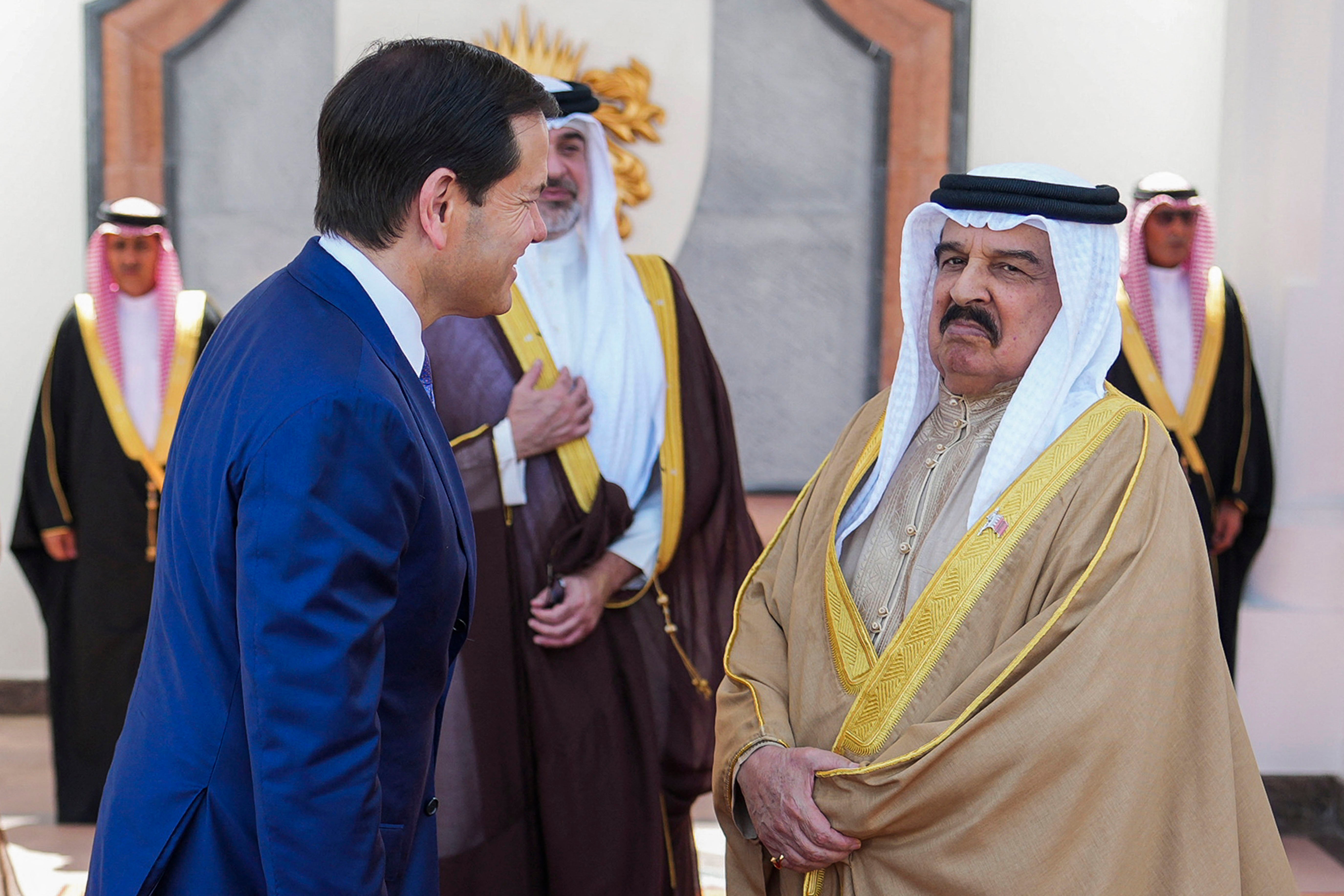US secretary of state Marco Rubio speaks with Bahrain's King Hamad bin Isa al-Khalifa during his visit to the Middle East at Al-Sakhir Palace on 25 June 2026