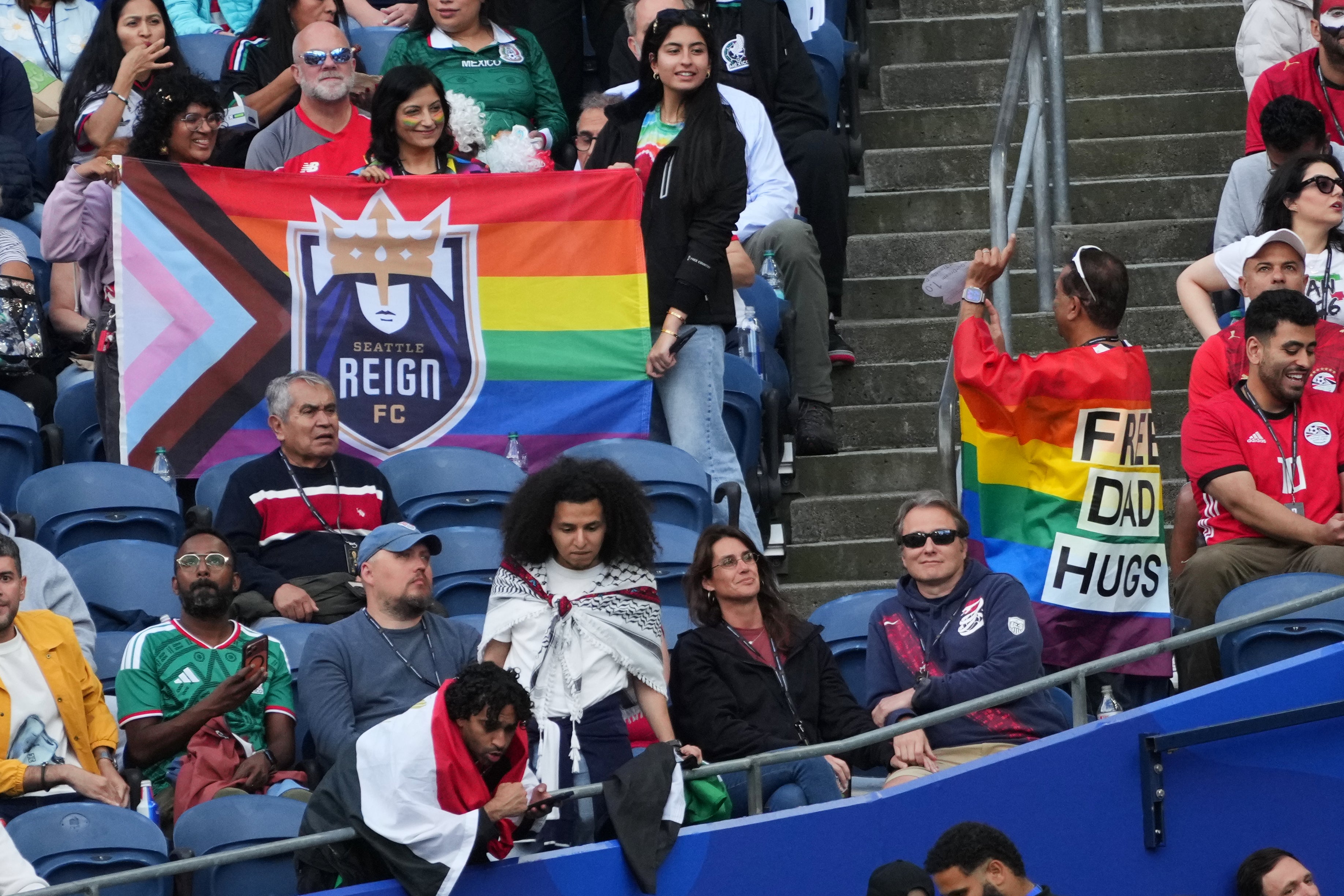 Fans display a pride flag before the World Cup Group G soccer match between Egypt and Iran in Seattle (AP)