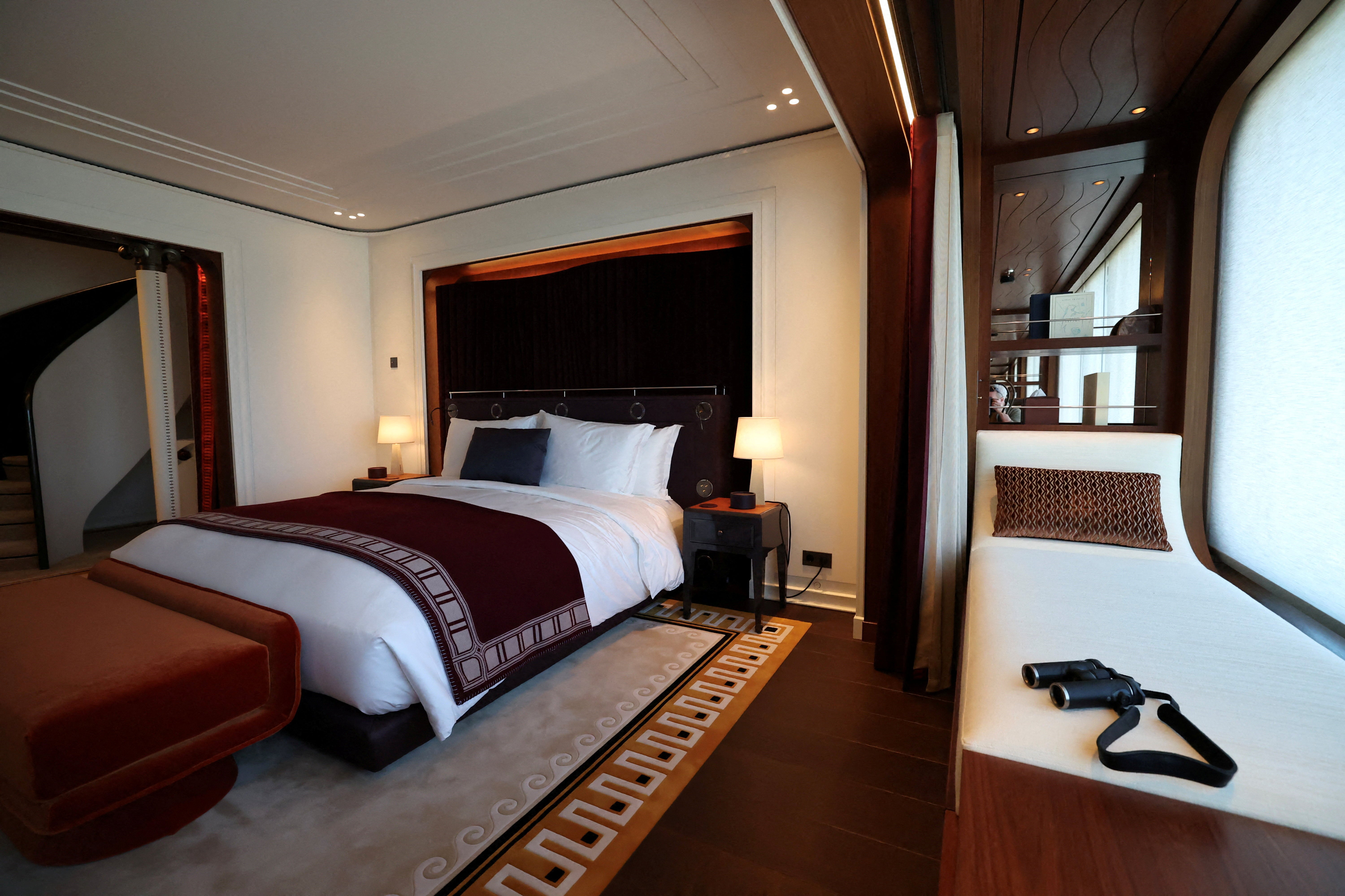 A view shows a duplex suite aboard the Orient Express Corinthian, a luxury sailing cruise ship, during a press visit at the Chantiers de l'Atlantique shipyard in Saint-Nazaire, France, April 28, 2026