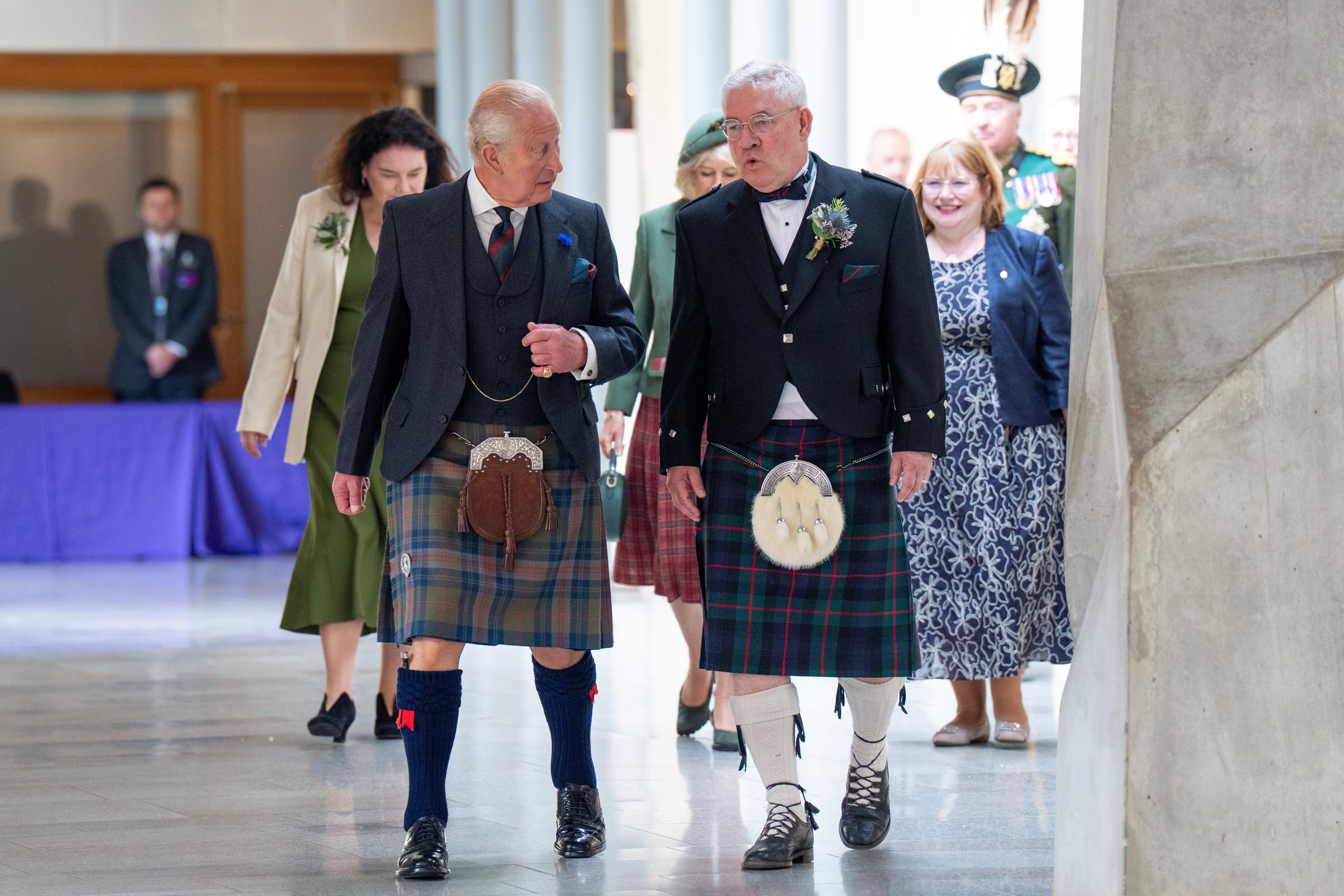 King Charles III accompanied by Presiding Officer Kenneth Gibson (right) arrive for the opening of the seventh session of the Scottish Parliament on June 27, 2026 in Edinburgh, Scotland (Getty)