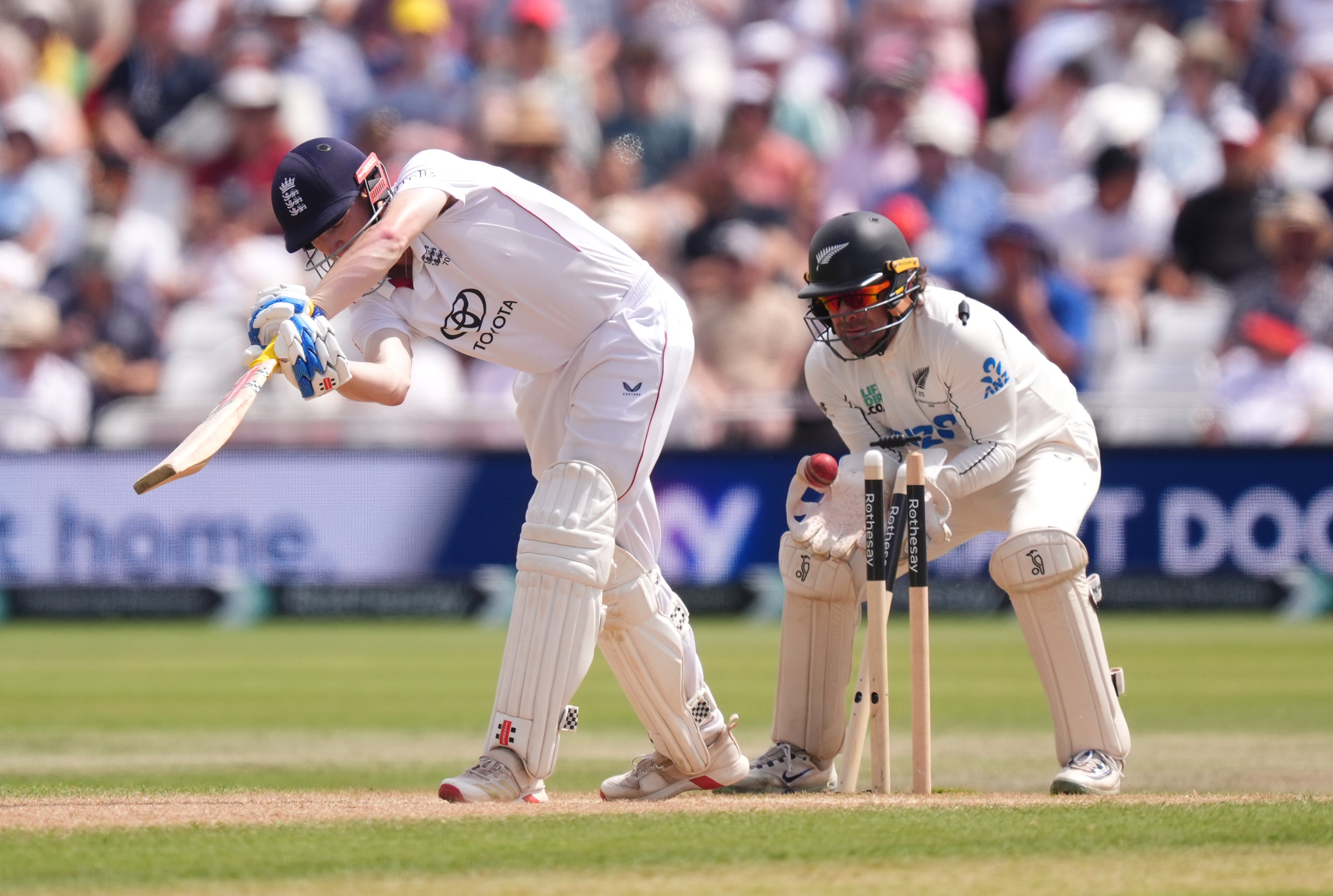 Harry Brook was bowled by this Zak Foulkes delivery (Mike Egerton/PA)