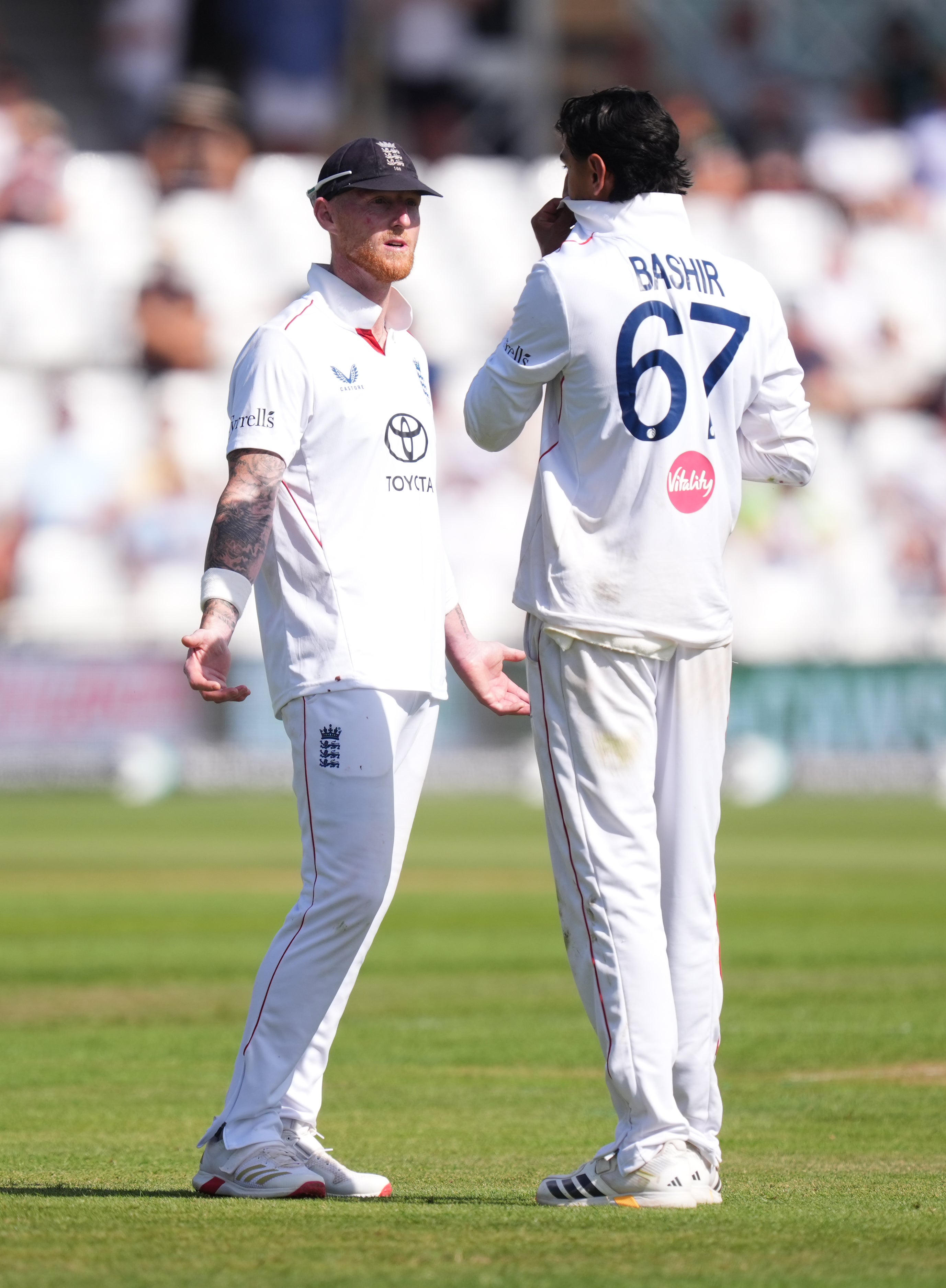 It was a challenging day for England captain Ben Stokes, left, and Shoaib Bashir, right (Mike Egerton/PA)