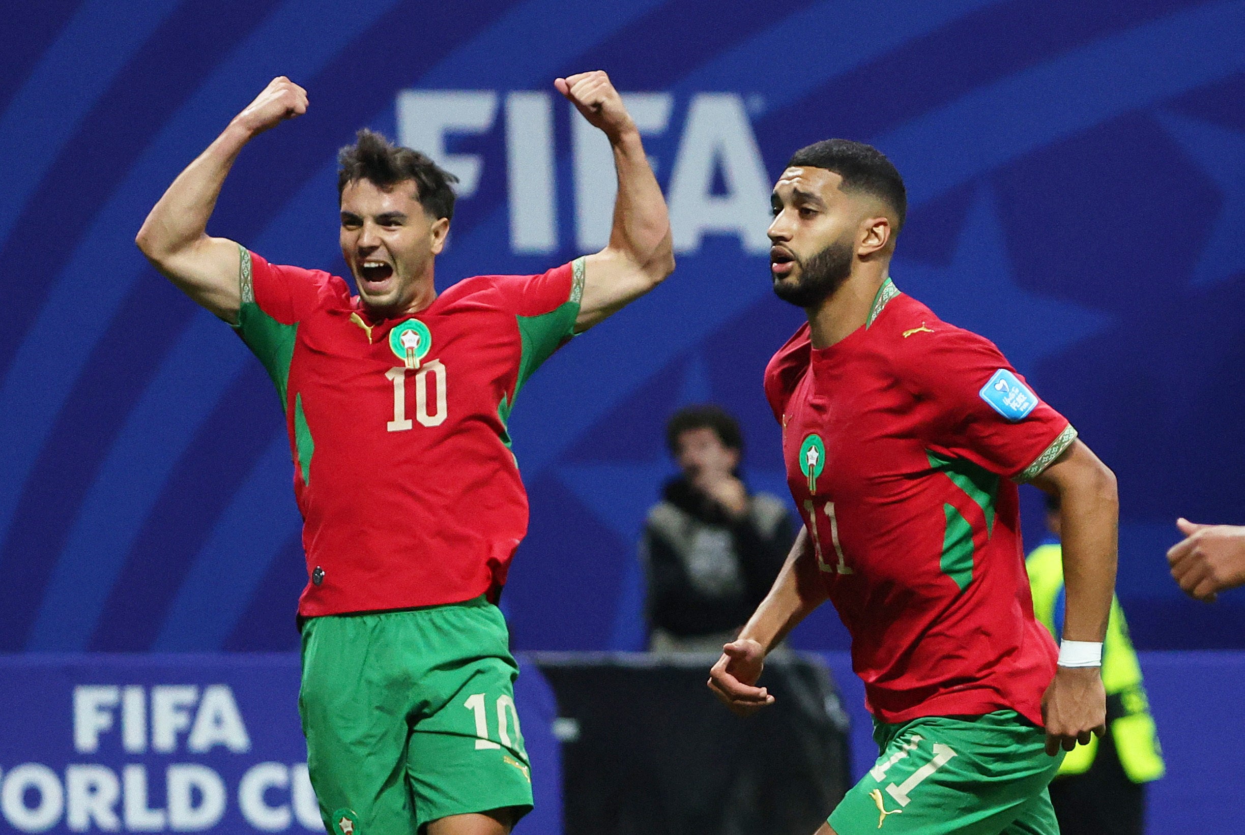 Morocco's Ismael Saibari celebrates scoring their second goal with Brahim Diaz