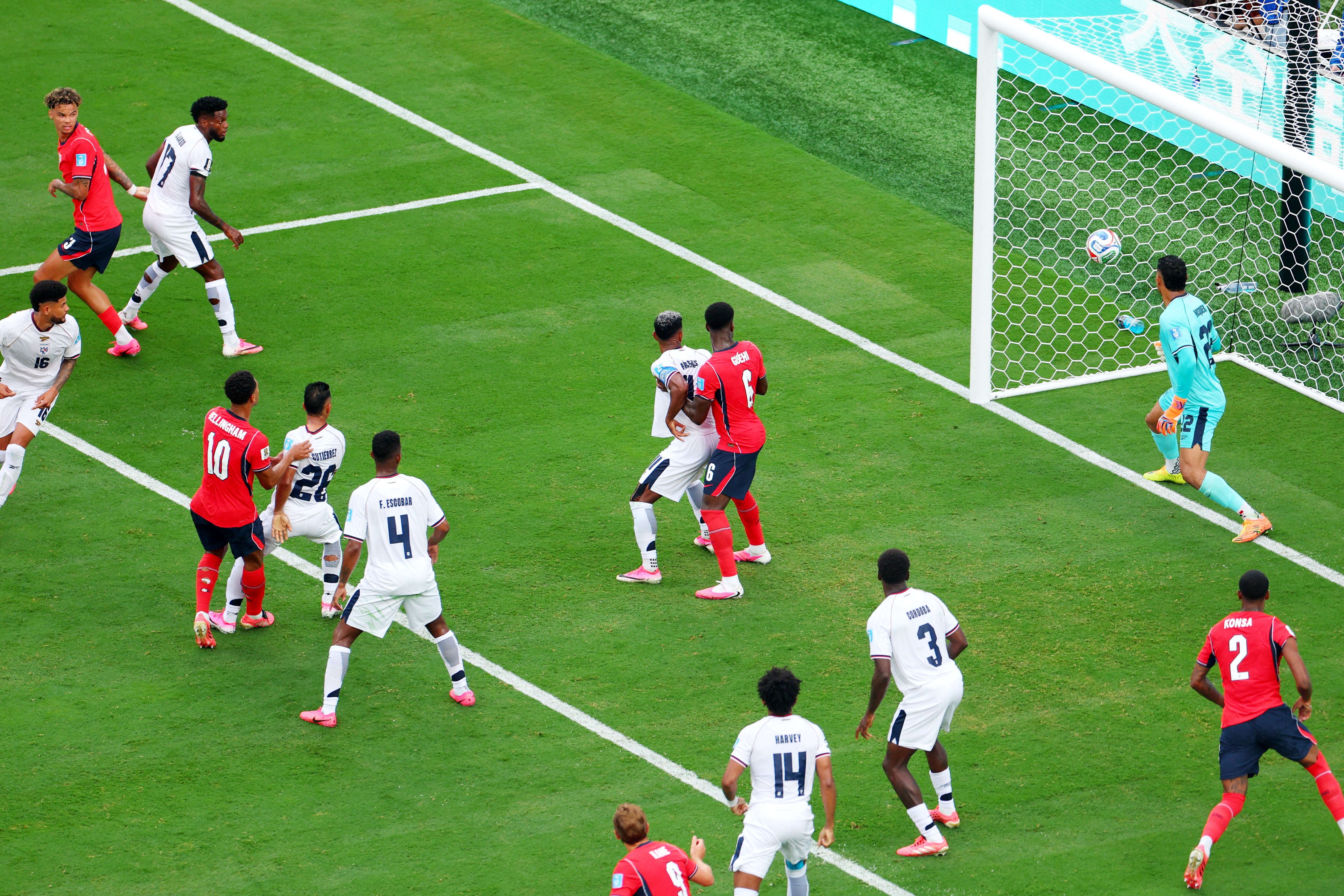 Jude Bellingham, red No 10, watches as his toe poke finds the net (Reuters)