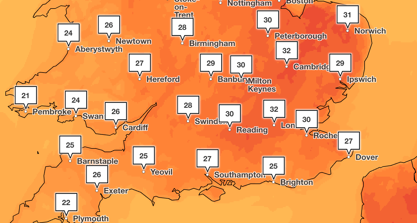 London will experience the highest temperatures on Saturday